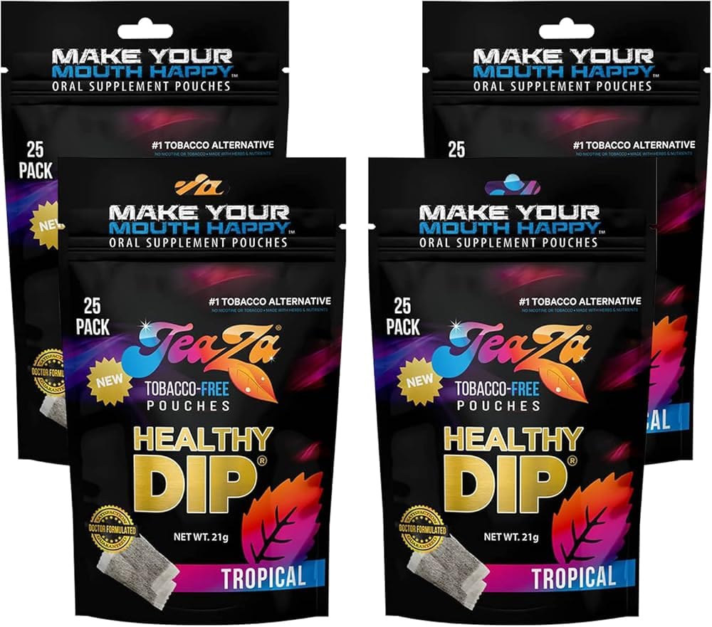TeaZaHerbal Energy Pouches Chewing Tobacco Alternative Nicotine Free Dip, Smokeless Alternative Snuff & Healthy Dip, Tropical Flavor (4 Pack) Mouthwatering Tropical Fruits Pineapple Mango Citrus