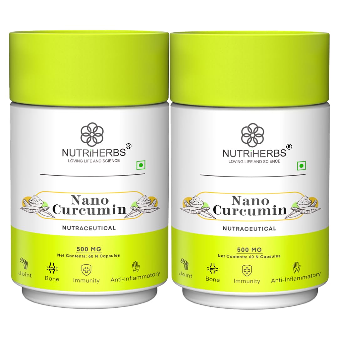 NUTRIHERBS Nano Curcumin 500mg Capsules | Immunity Booster for Men & Women | Joint Pain Relief & Digestion Support | Turmeric Curcumin with Piperine for Better Absorption | 60 Capsules Pack of 2