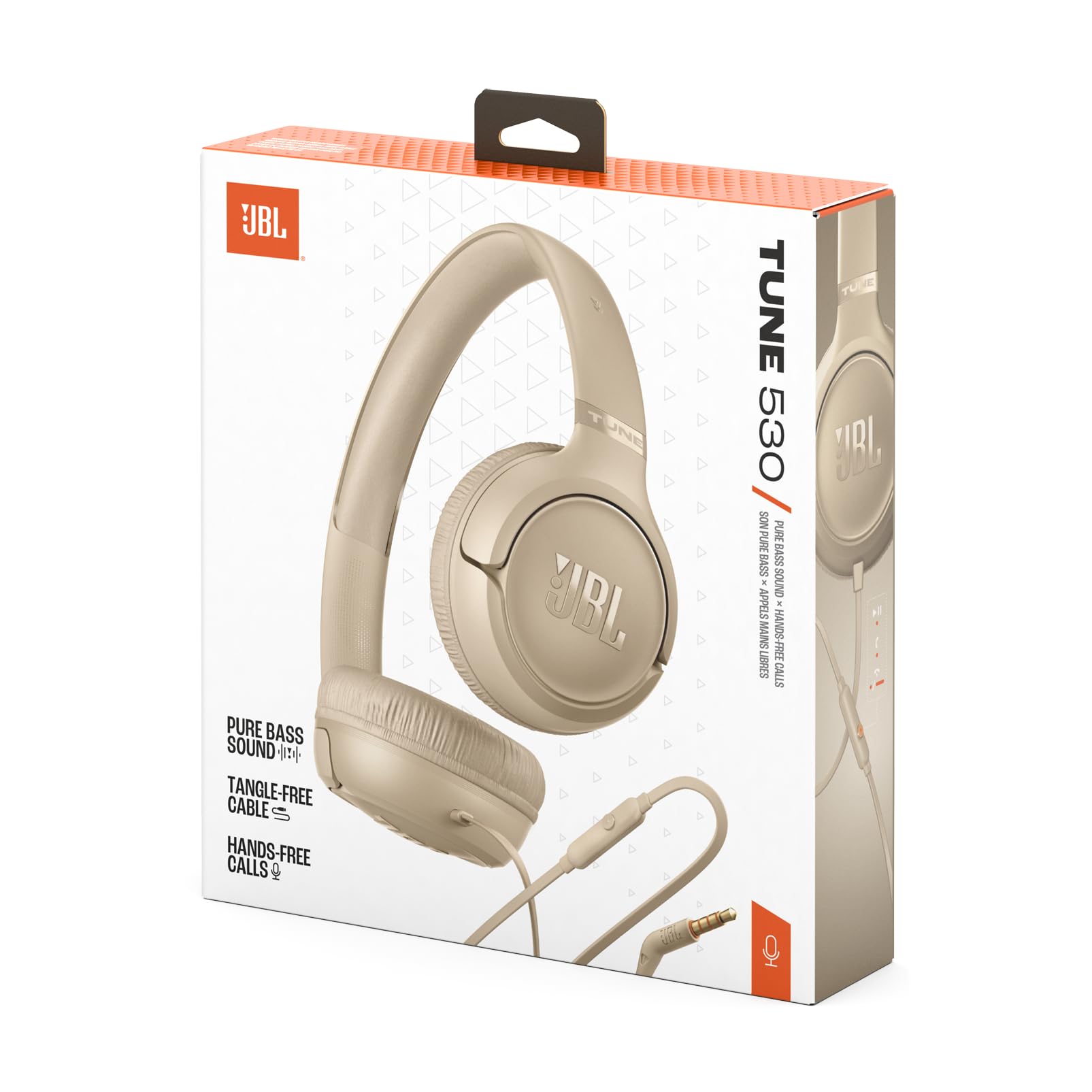 JBL Tune 530 Casque Filaire Confortable avec Microphone, Son JBL Pure Bass, préréglages EQ, Design Pliable et câble Anti-nœuds, Mousse Moka