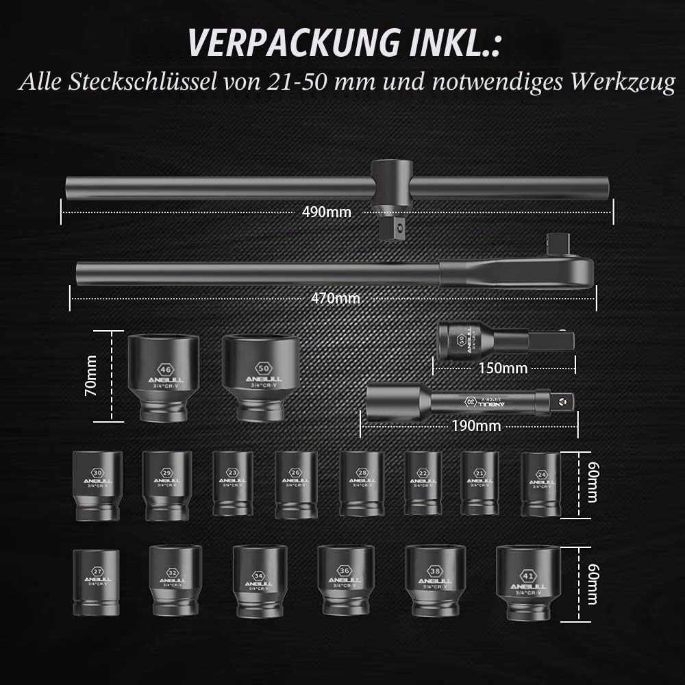Anbull 21PCS Schlagschrauber Nuss Set, schlagschrauber nüsse 3/4, 3/4'' Stecknuss Adapter, Standardmetrische Größen (21-50 mm) | Cr-V Stahl-Steckschlüsselsatz