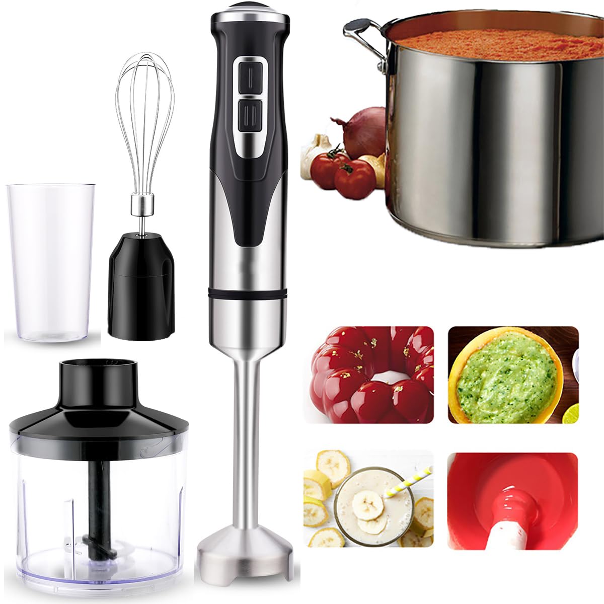 Blender Ręczny, Blender Kuchenny 4 W 1 O Mocy 2000 W, Duże Pokrętło Sterujące Z 2 Prędkościami I Trybem Turbo, Rozdrabniacz, Kubek O Pojemności 500 Ml, Trzepaczka, Kubek O Pojemności 600 Ml Do Przecie