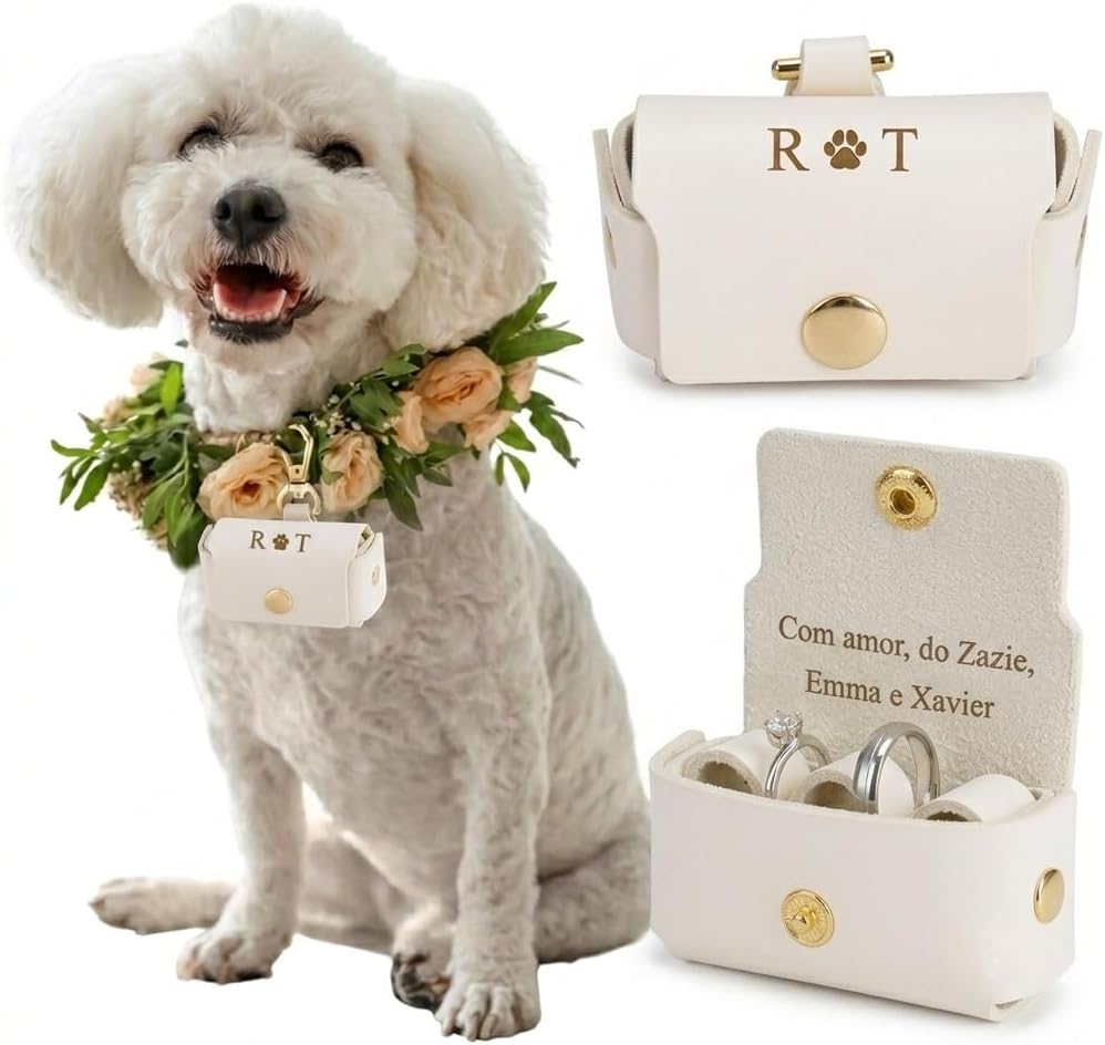 Personalized Dog Ring Bearer Box for Wedding, Custom Engraved PU Leather Pet Ring Holder with 2 Ring Slots, Dog Wedding Accessories for Ring Carrier, Keepsake Gift for Pet Lovers