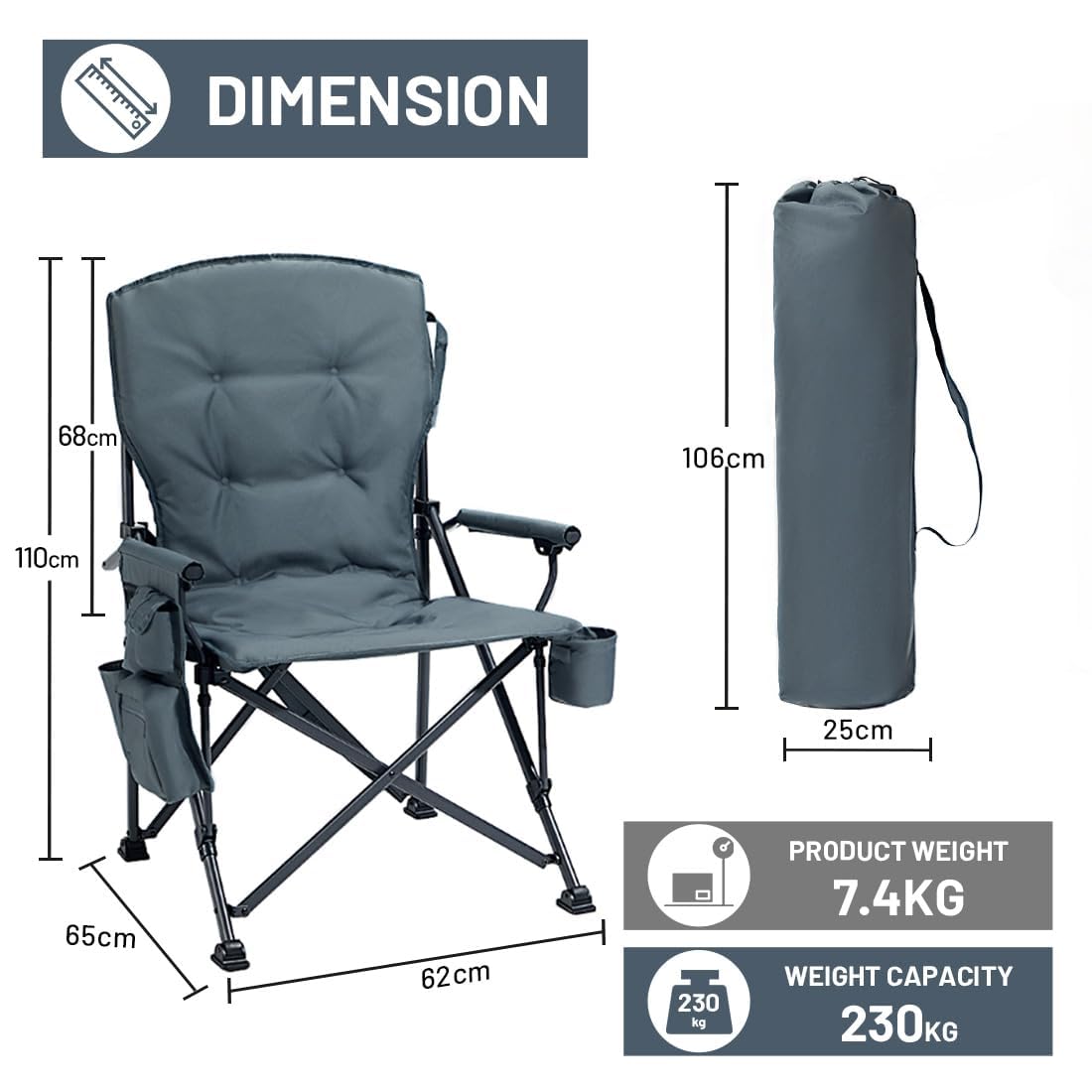 TIMBER RIDGE Sedia da campeggio pieghevole da 4 cm, imbottita da campeggio, 62 cm, seduta larga e schienale alto 68 cm, portata fino a 230 kg, con borsa termica e portabevande per campeggio, pesca