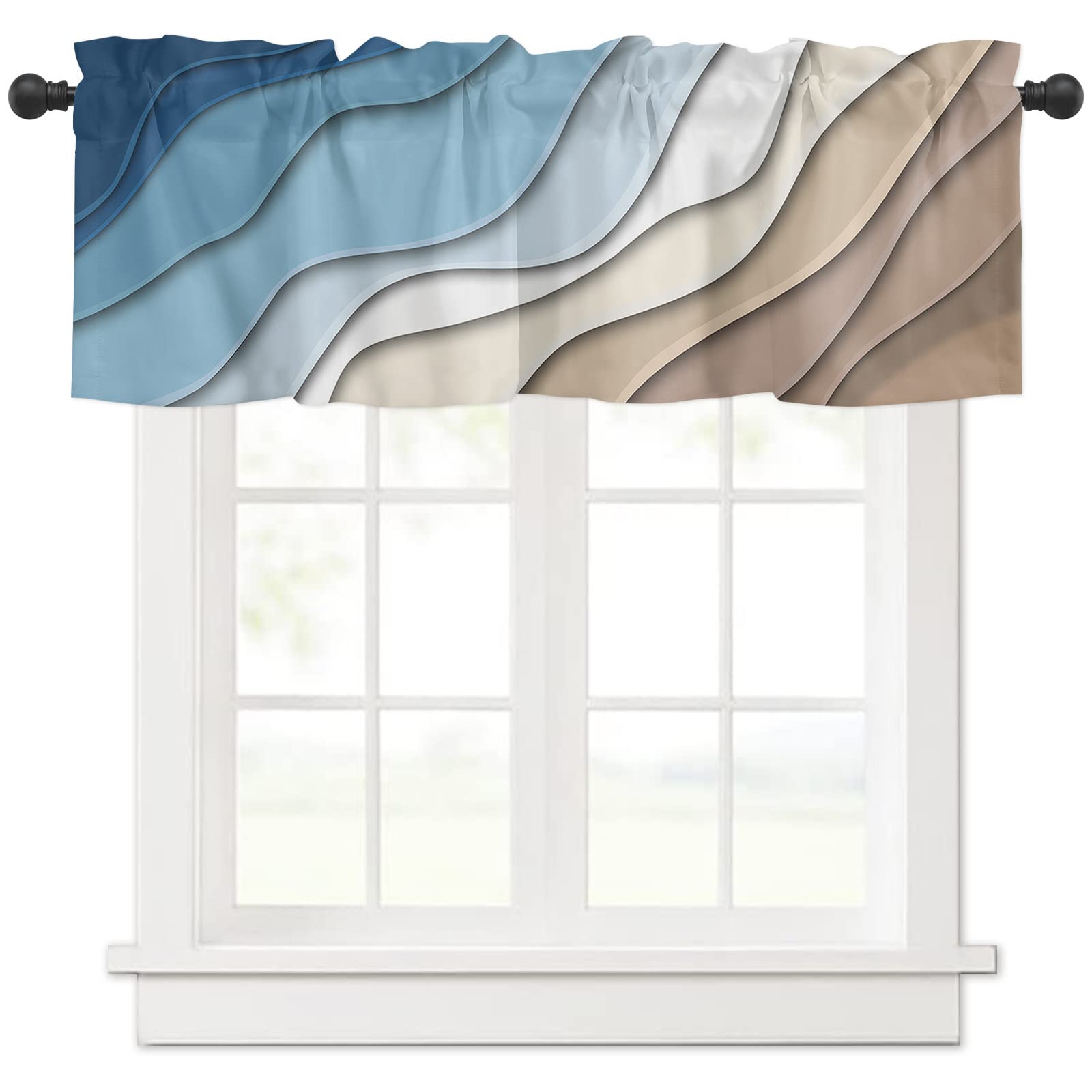 Blue Ombre Valance Curtain for Kithchen Windows Blue and Brown Gradient Modern Abstract Geometric Valance Tier Curtain Rod Pocket Valances for Bedroom