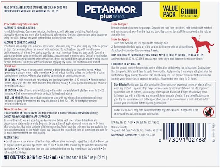 PetArmor Plus F&T Squeeze-On Dog 89-132 lbs., Count of 6, .11 LB