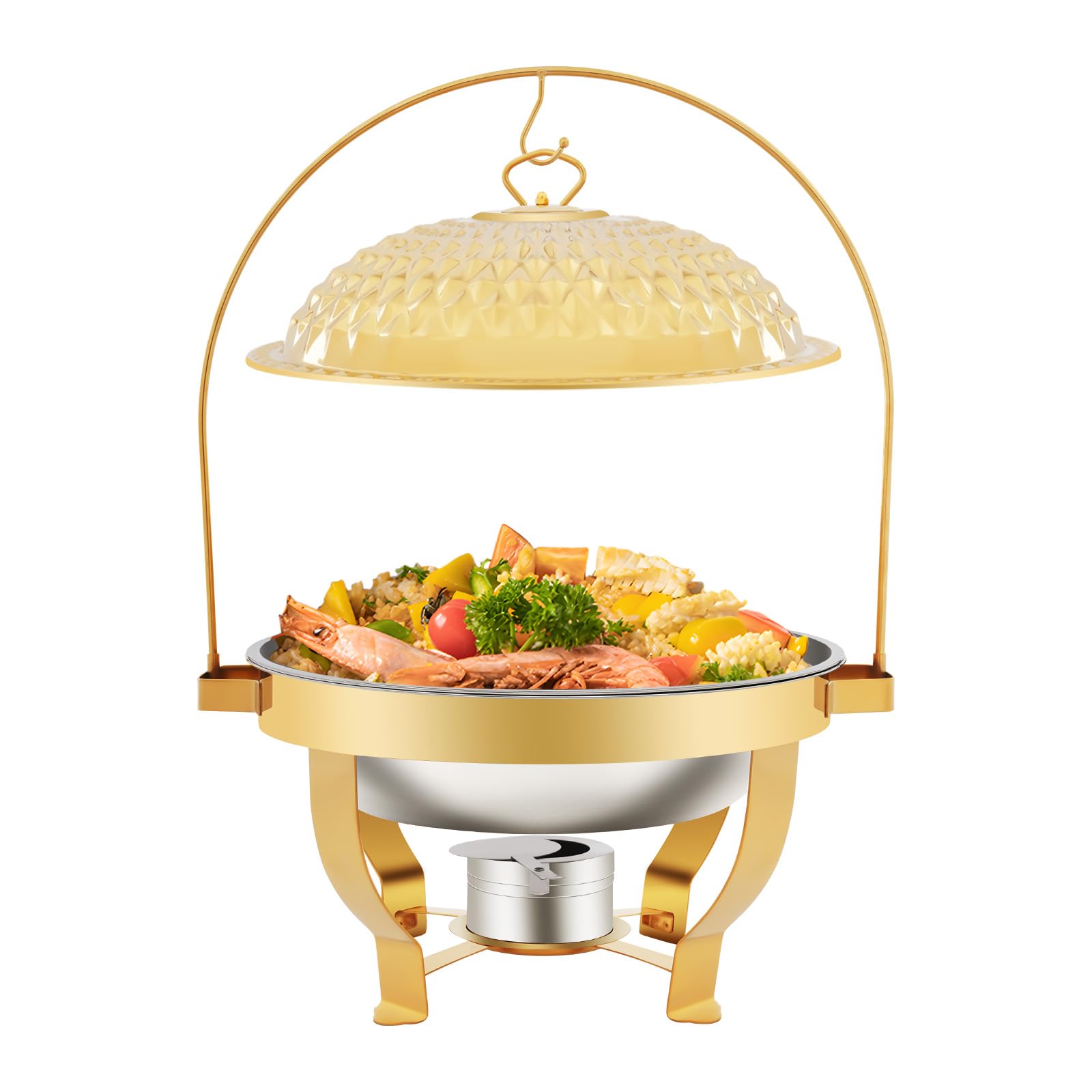 Chafing Dish in acciaio inox, 6 l, scalda buffet rotondo con coperchio, bruciatore a spirito, contenitore per buffet, feste e catering, contenitore per cibo per casa ed eventi (6 litri)