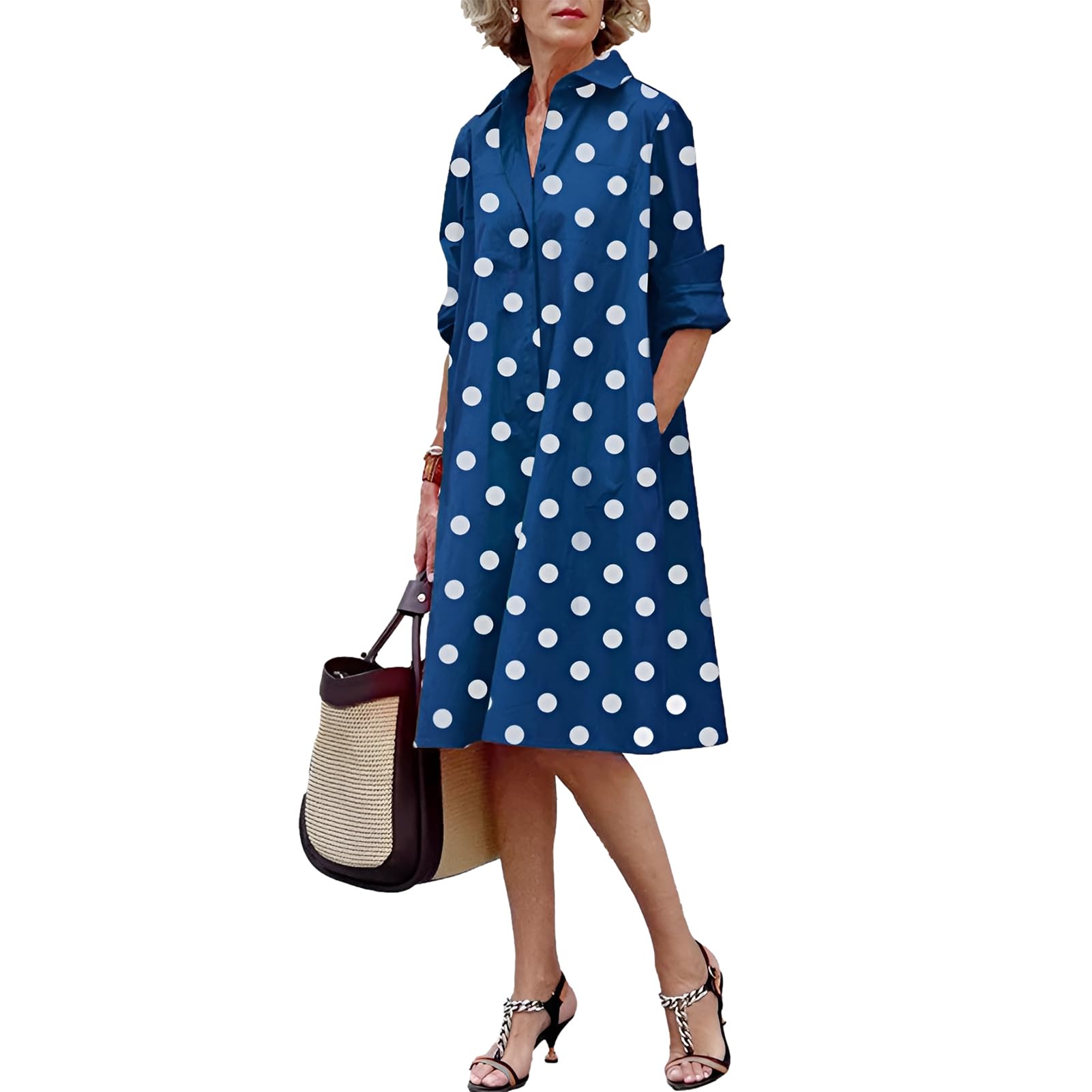 amropi Vestido Mujer Lunares Cuello en V Manga Larga Casual Verano Midi Vestidos con Botones