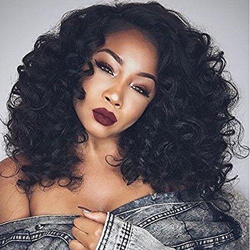 Synthetic Lace Front Wigs for Women Natural Looking Heat Resistant Fiber Hair L Part Loose Wave Wig Black Color (18 Inch, Black)