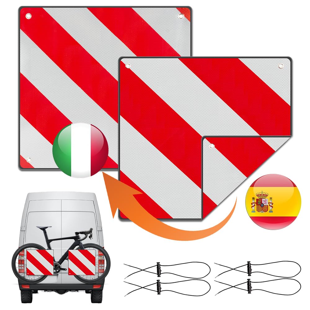 NAVESO 2 in1 Señal de Advertencia Italia y España, 50 x 50 cm Señal Reflectante de Advertencia Rojo y Blanco para Portabicicletas, Portabicicletas, Autocaravana, Caravana