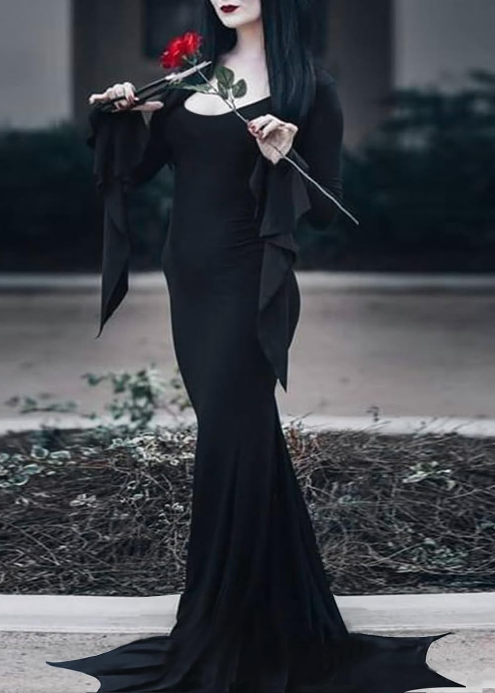 YEAXLUD Vampire Womens Halloween Costumes Long Wide Sleeves Morticia Addams Costume Wrap Gothic Witch Dress Witchy Dress (black, Medium) - Image 5