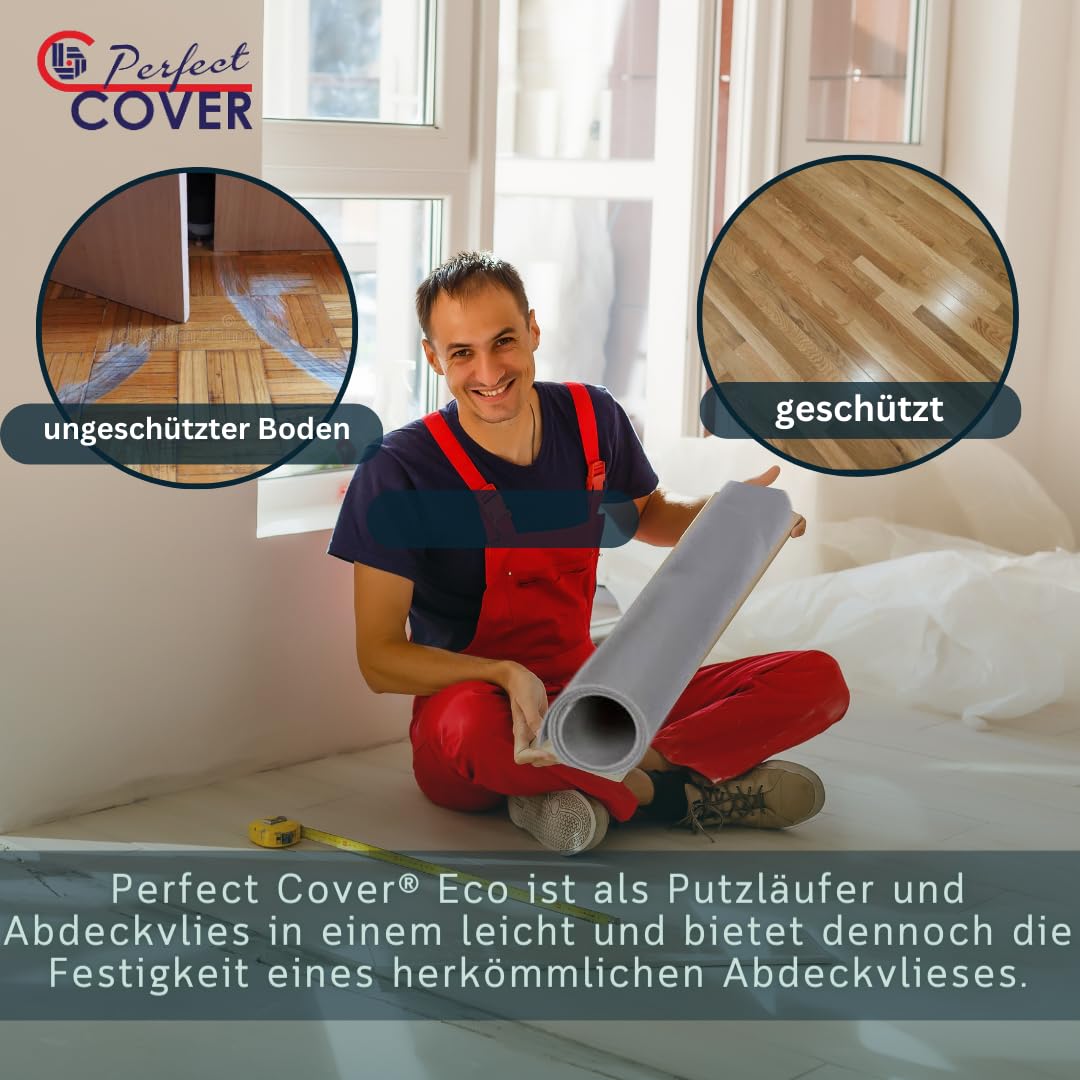 Perfect Cover Eco Malervlies Selbstklebend 25m² | 160 g/m² – Abdeckvlies für Bodenschutz bei Renovierung, Flüssigkeitsdicht, Rutschfest und Nachhaltig