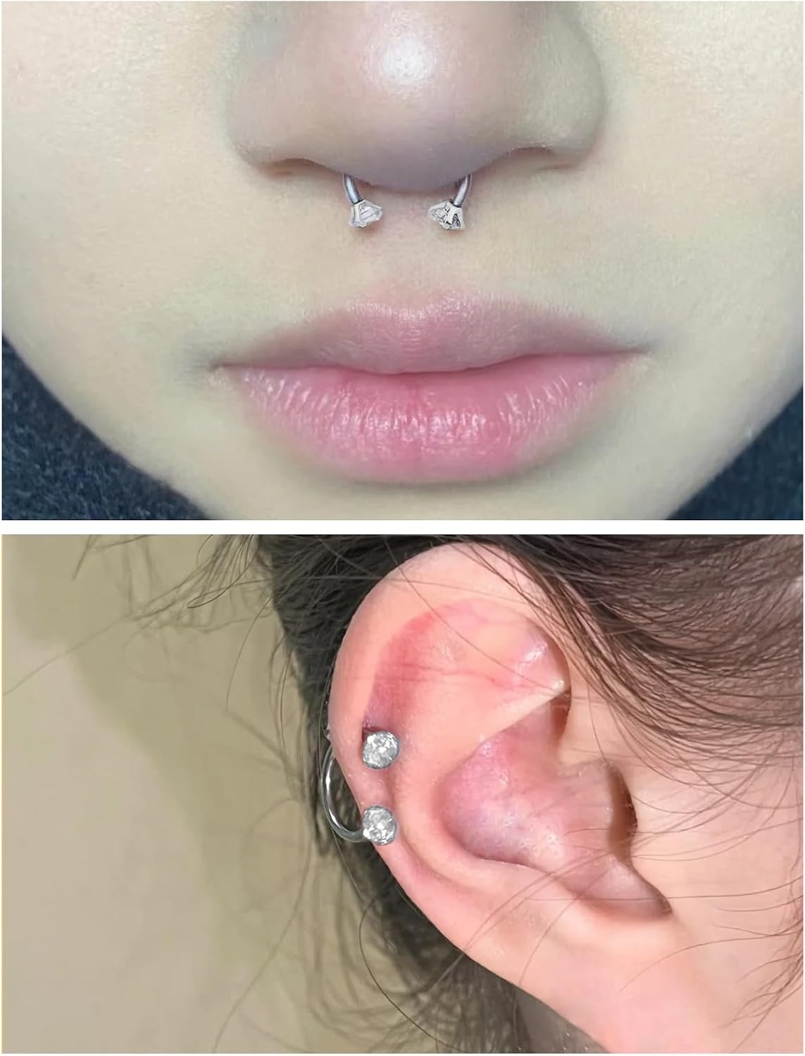 Oufksiyy F136 Titanium Surgical Implant Grade Horseshoe Nose Ring 18G 16G Septum Rings 8mm 10mm Double Gem Rook Daith Hoop Earrings Horse Shone Lip Rings for Woemn Men