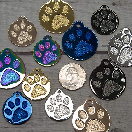 Engraved Pet Tag For Dogs And Cats - Personalized Front & Back Up To 4 Lines Of Text Custom Engraved Id, Round Paw Print Solid Plating Stainless Steel Gold Regular #TOP3