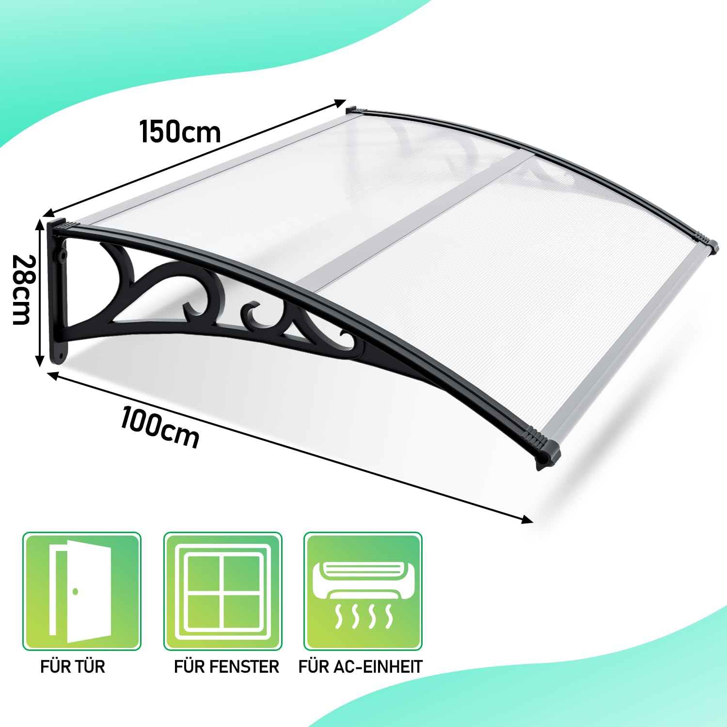 Marquesina para Puerta de Casa 100x150 cm, Policarbonato Hueco 5 mm, Estructura ABS, Protección UV