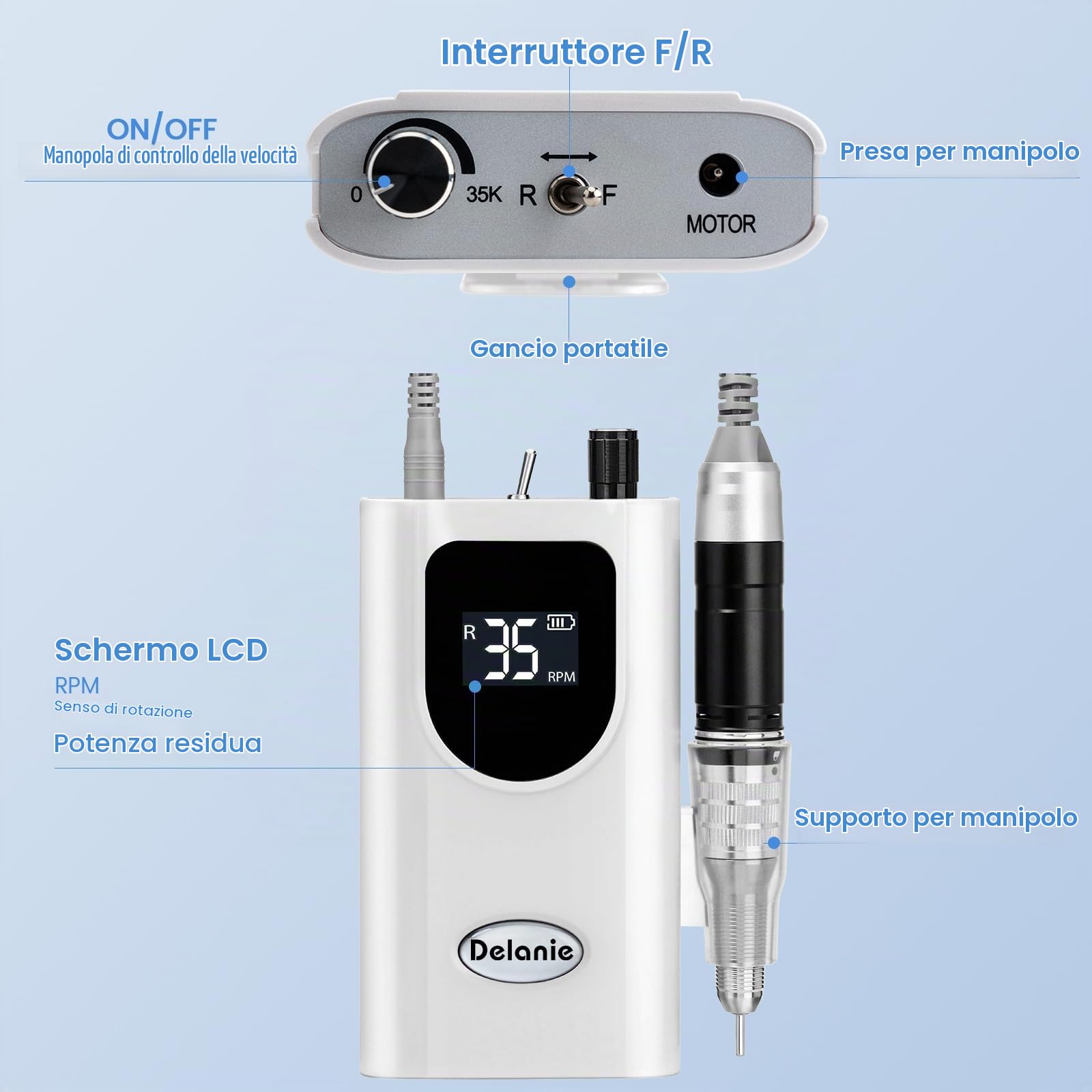 Delanie Fresa per Unghie Professionale, Portatile e Ricaricabile 35000 Giri a Display LED per Manicure e Pedicure, Trapano Elettrico per Unghie Gel/Smalto Velocità Regolabile Bianco