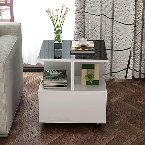 Miniatura 4 de Mesa auxiliar cuadrada de 3 niveles con estantes de almacenamiento, mesa auxiliar moderna para el hogar, sala de estar, dormitorio (color blanco,