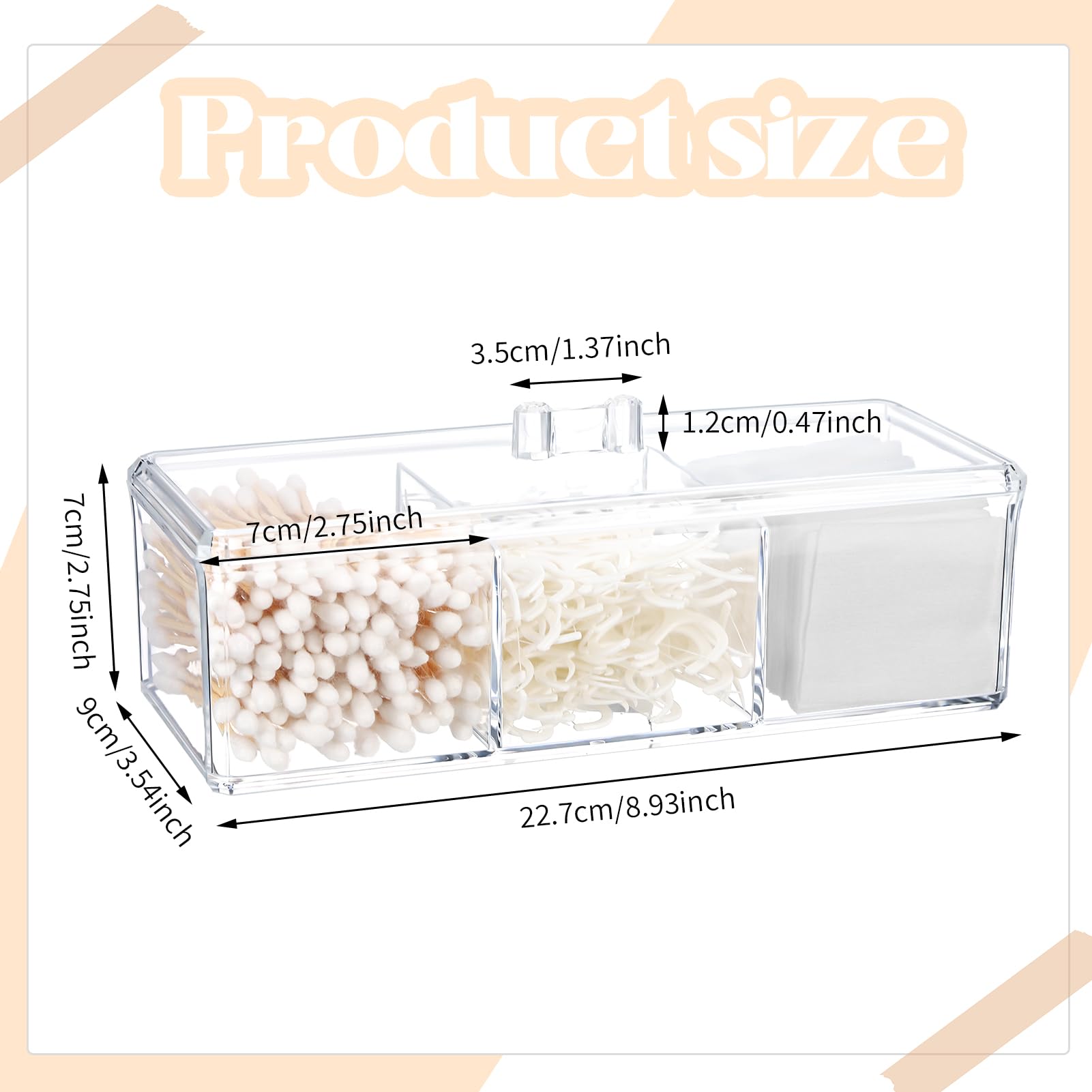 Qtip Holder Transparent 3 Compartments Cotton Ball and Swab Holder Organizer with Lid,Jar for Cotton Rounds,Bathroom Containers,Clear Acrylic Desk Organizer for Makeup Pads,Cosmetics Bedroom