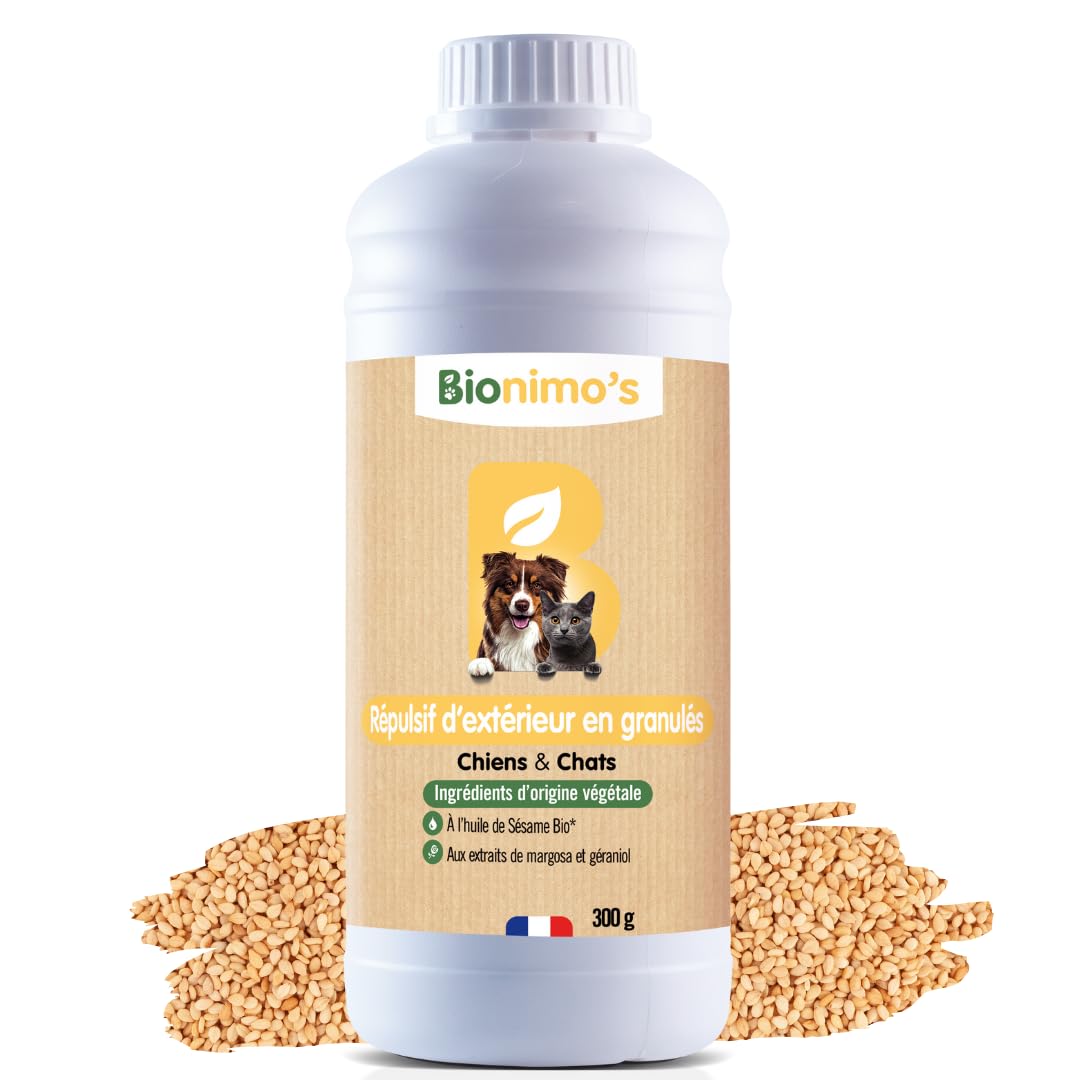 Répulsif Extérieur Chiens & Chats, Naturel et Végétal. Gritz de maïs, Huile de Sésame Bio. 100% Français. Protection efficace sur toutes surfaces confondues (pelouses, massifs, allées, terrasses)