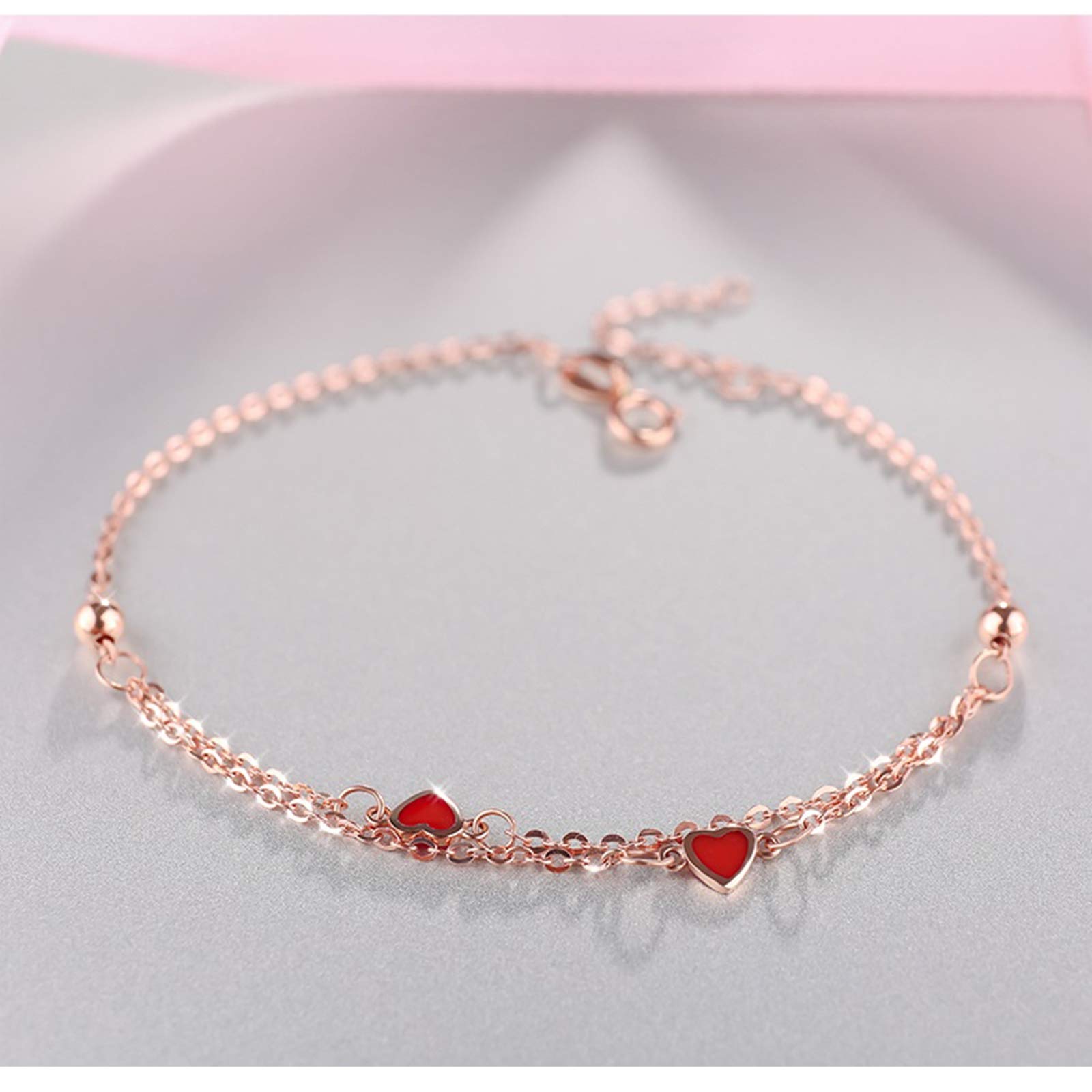 Armbänder für Damen, Roségold 18 Karat, Doppelkette mit Herzen und Perlen, Armbänder für Damen, 16+2 cm