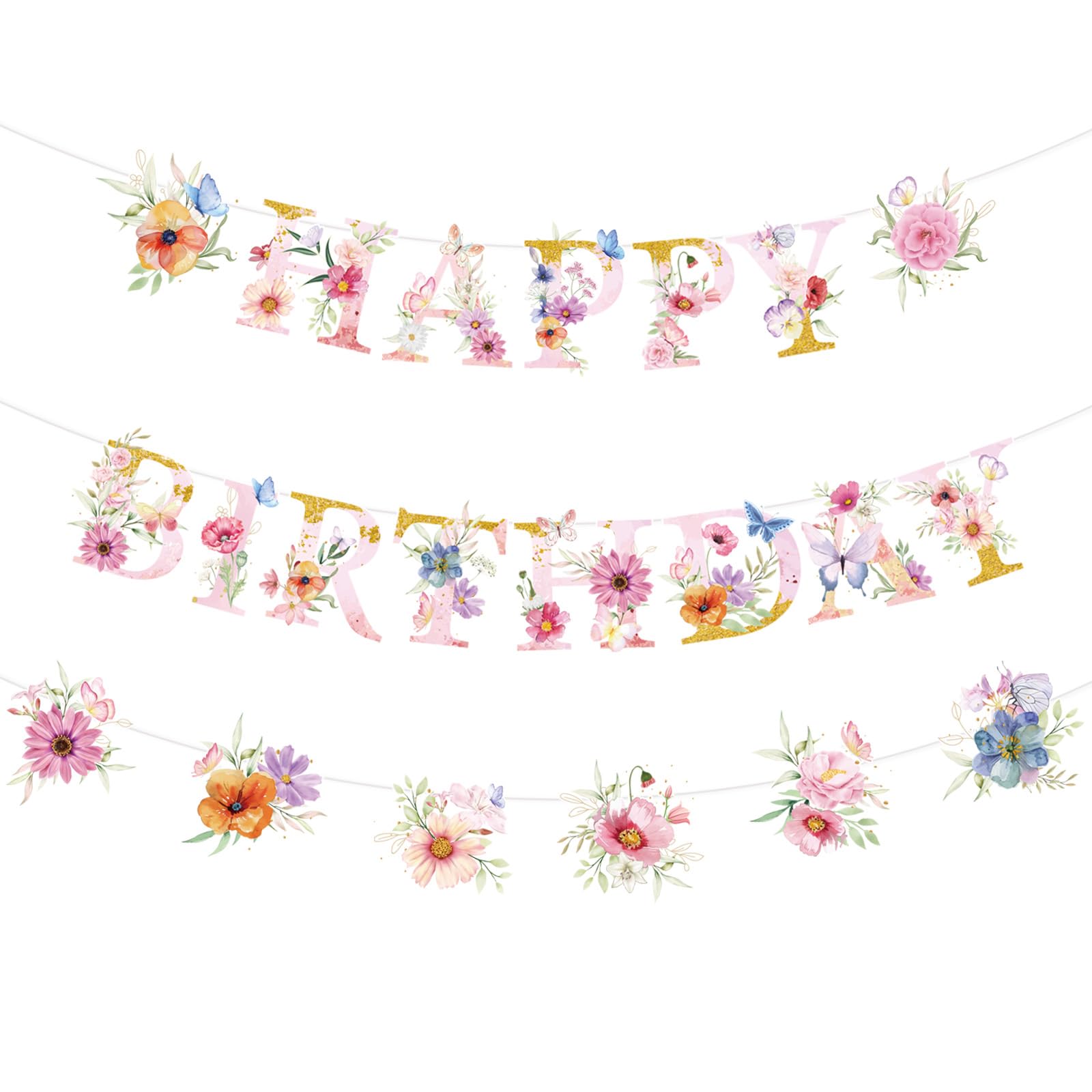 Luvsweets Wildflower Birthday Decorations for Girls - 3 Pcs Wildflower Happy Birthday Banner Decoration Party Supplies, Garland Flower Party Decor for