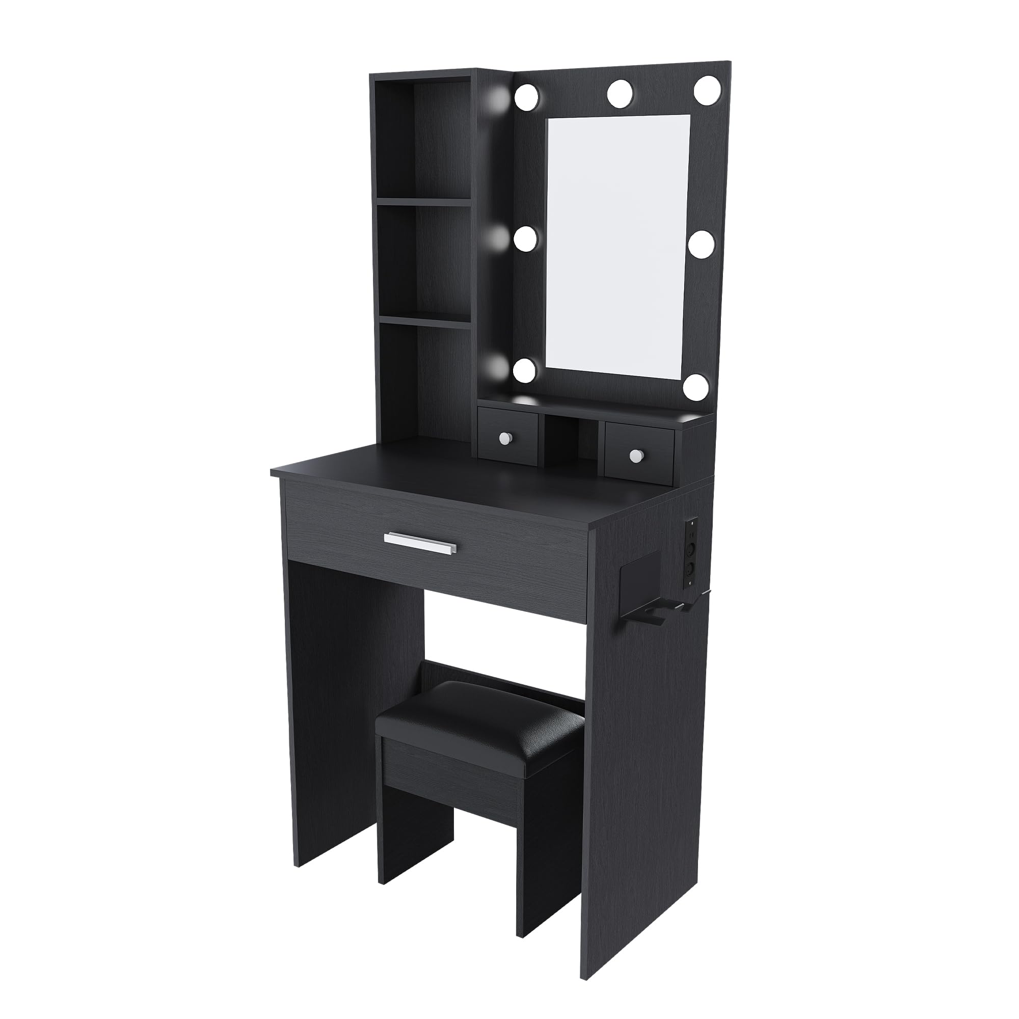 Tavolo da toeletta con specchio LED, presa, 1 cassetto grande e 2 cassetti