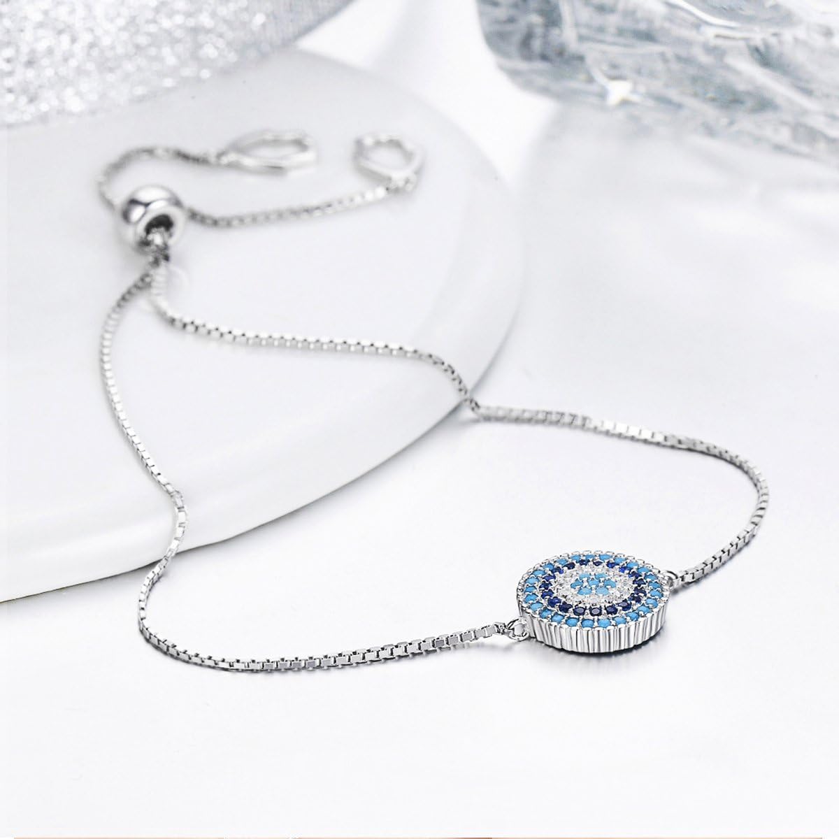 BISAER 925 Sterling Silver Lucky Blue Evil Eye Bracelets Sparkling Cubic Zirconia Adjustable Chain Bracelet for Women Christmas Gifts