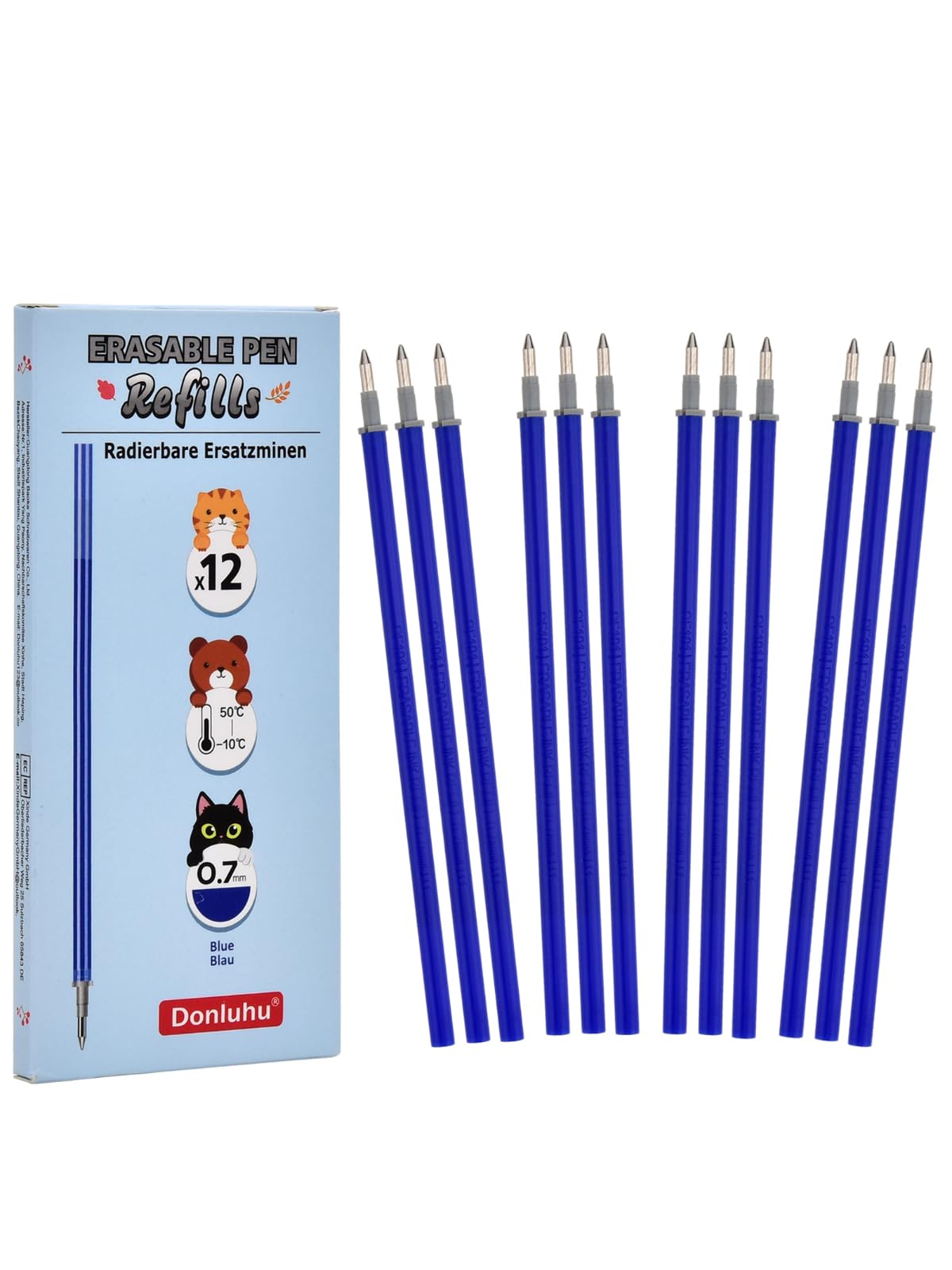 Donluhu 12x Radierbarer Ersatzminen Blau - Kompatibel Mit Legami - Einfach zu radieren - Stiftspitze 0,7mm,Höhe 13 cm