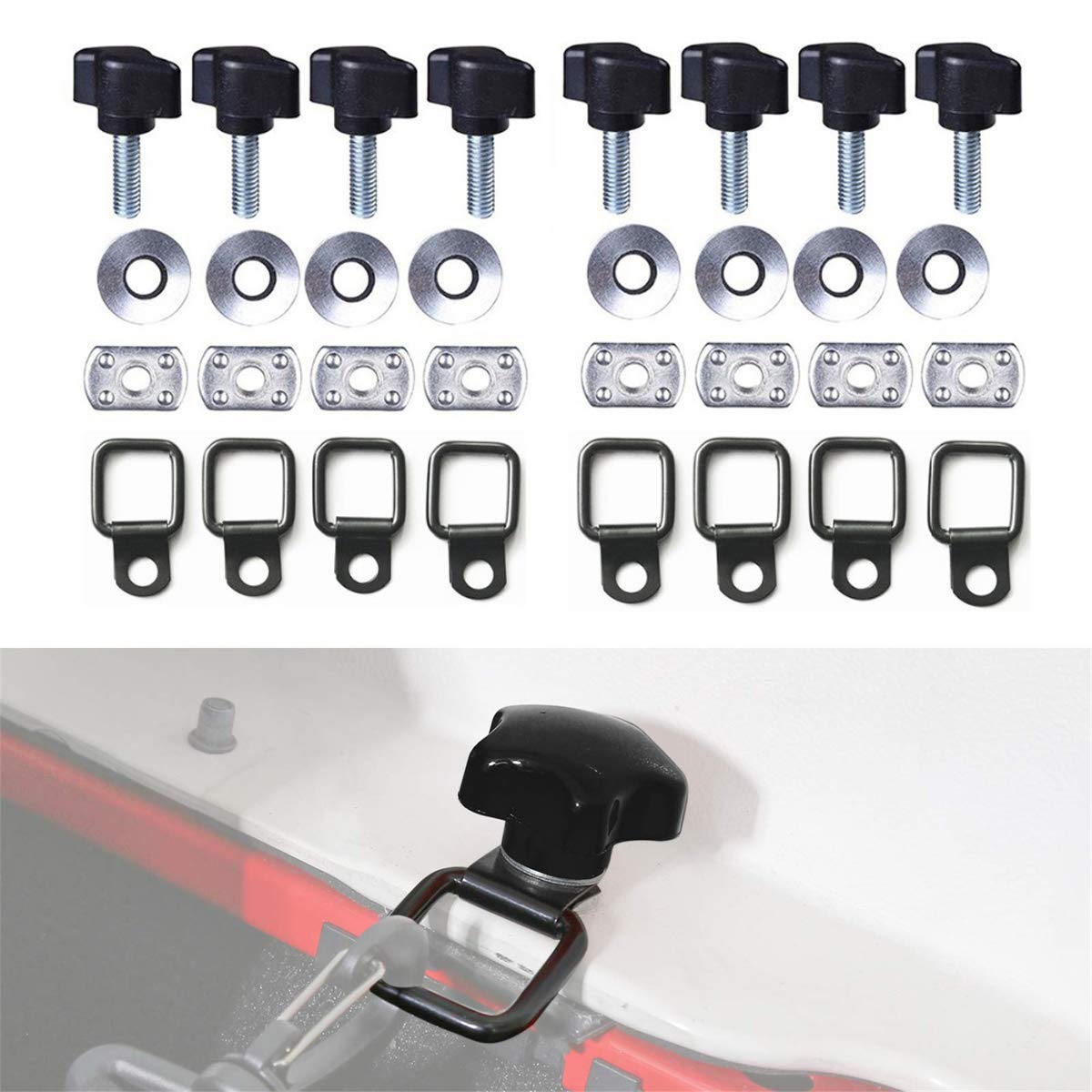 Techson 8 Pcs Hardtop Quick Removal Fastener Thumb Screw Kit, Universal Bolts Tie Down D-Rings Nut Washer Set For Jeep Wrangler (Black)