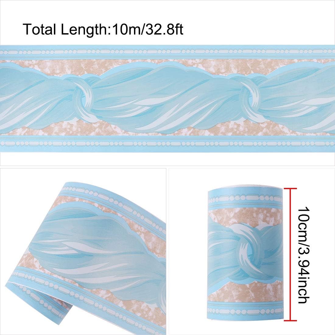 uxcell Wall Paper Border Self Stick Wall Covering PVC Floor Borders for Kitchen Bathroom Bedroom Wall Decor Paper, Wave Pattern Blue, 3.94 Inch by 32.8 feet
