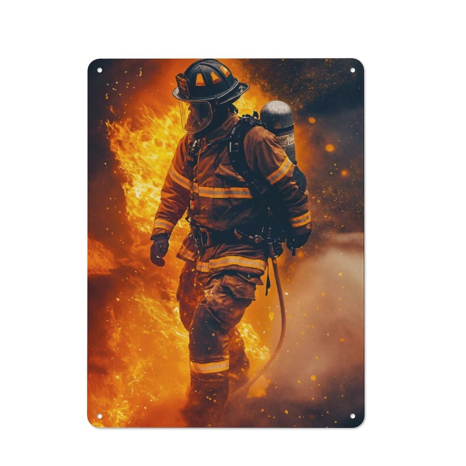 Junmoney Firefighter In Flames Tin Wall Plaque With Design 40X30cm, Farmhouse Rustic Kitchen Decor For Dining Room, Cafe, Entryway Or Family Room
