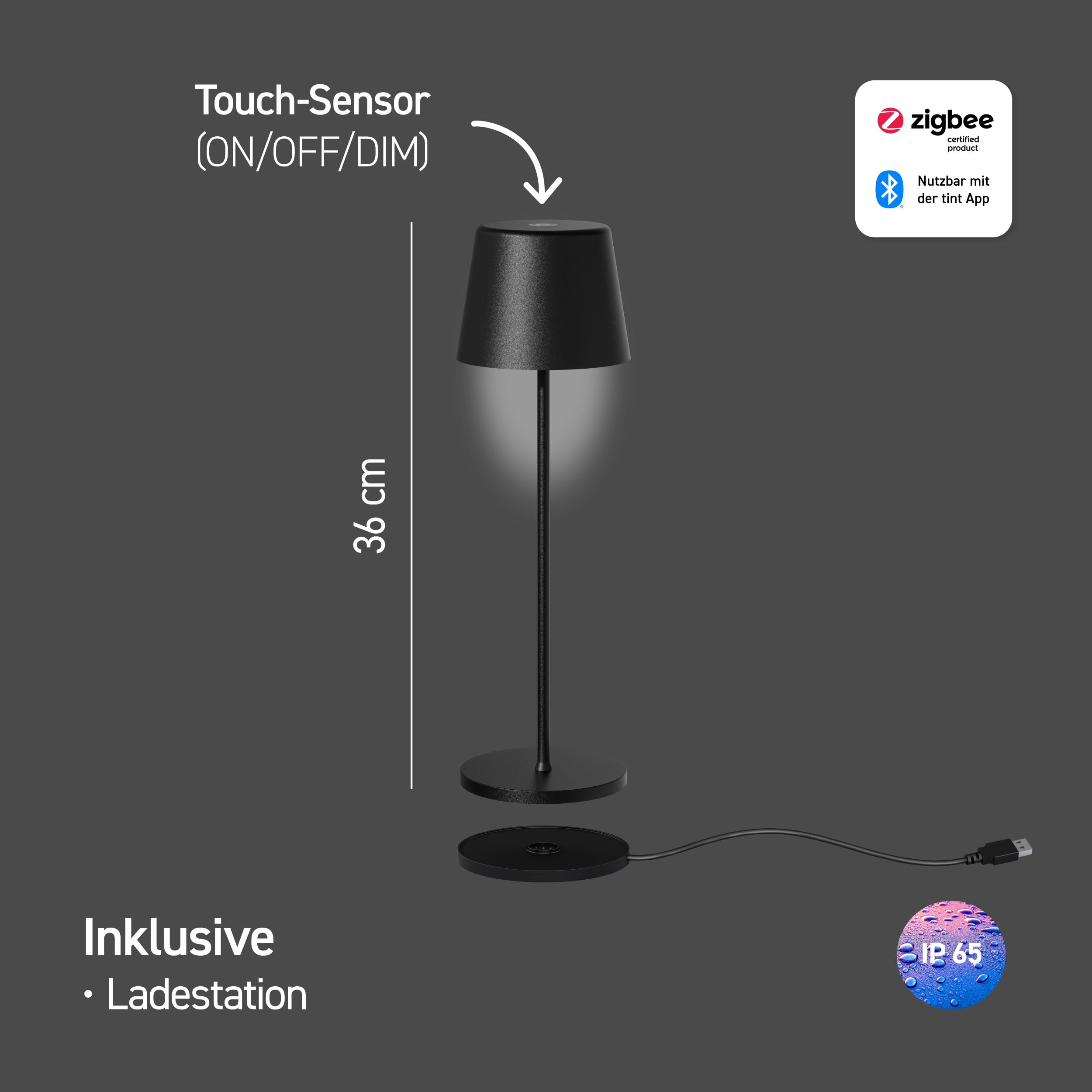 tint Smarte LED-Tischleuchte Dalia Schwarz, farbiges Licht RGB für indirekte Beleuchtung, Farbwechsel, 2,5W, 6 vorprogrammierte Lichtszenen, Bluetooth+Zigbee, funktioniert mit Alexa