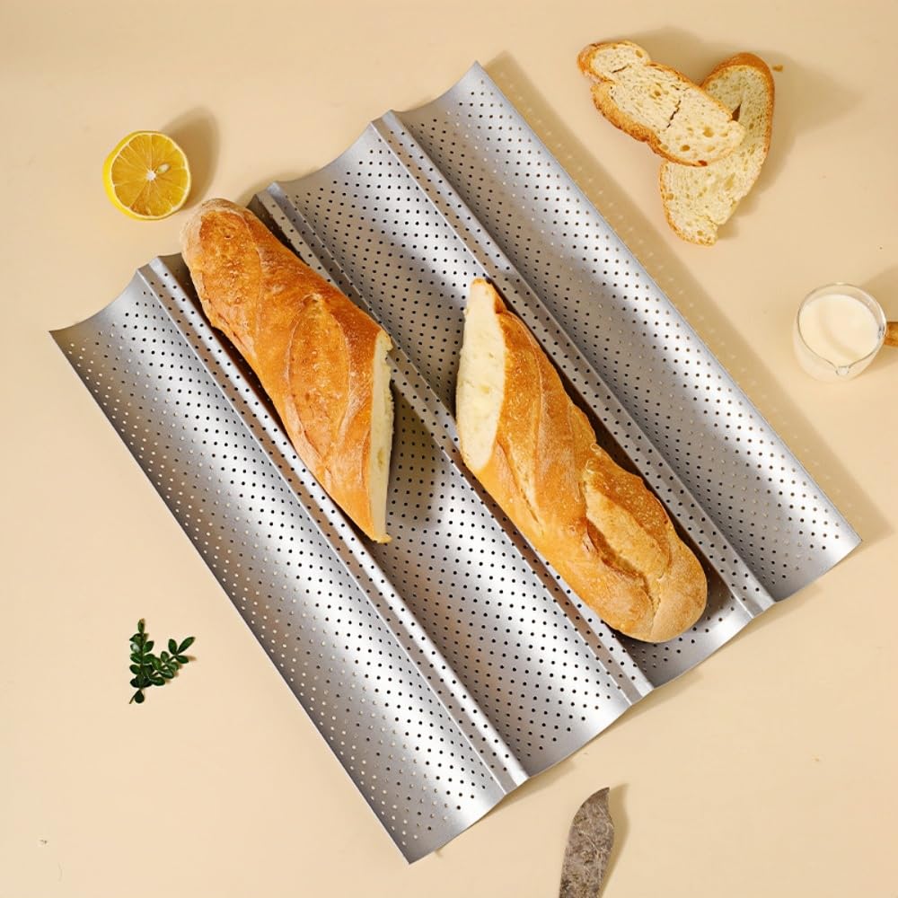 Plaque de cuisson pour baguette, moule à pain, moules à pain pour 4 fentes ondulées pour pains français (38,1 x 33 cm)