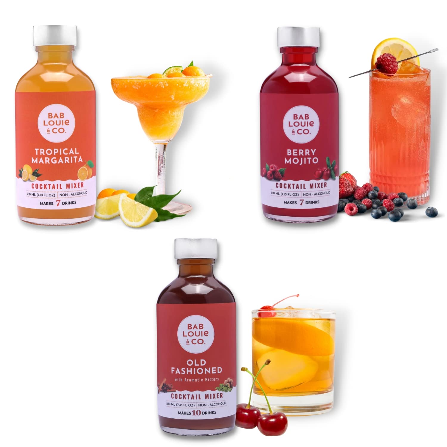 Bab Louie & Co. Cocktail Mixer Combo, Old Fashioned, Berry Mojito & Tropical Margarita, 100% Natural, Cocktail and Mocktail Syrup, Makes 7-10 Drinks, Cocktail mixer for Vodka, Gin, Whiskey (Pack of 3) (B0BTW6TDGQ) Amazon Price History, Amazon Price Tracker