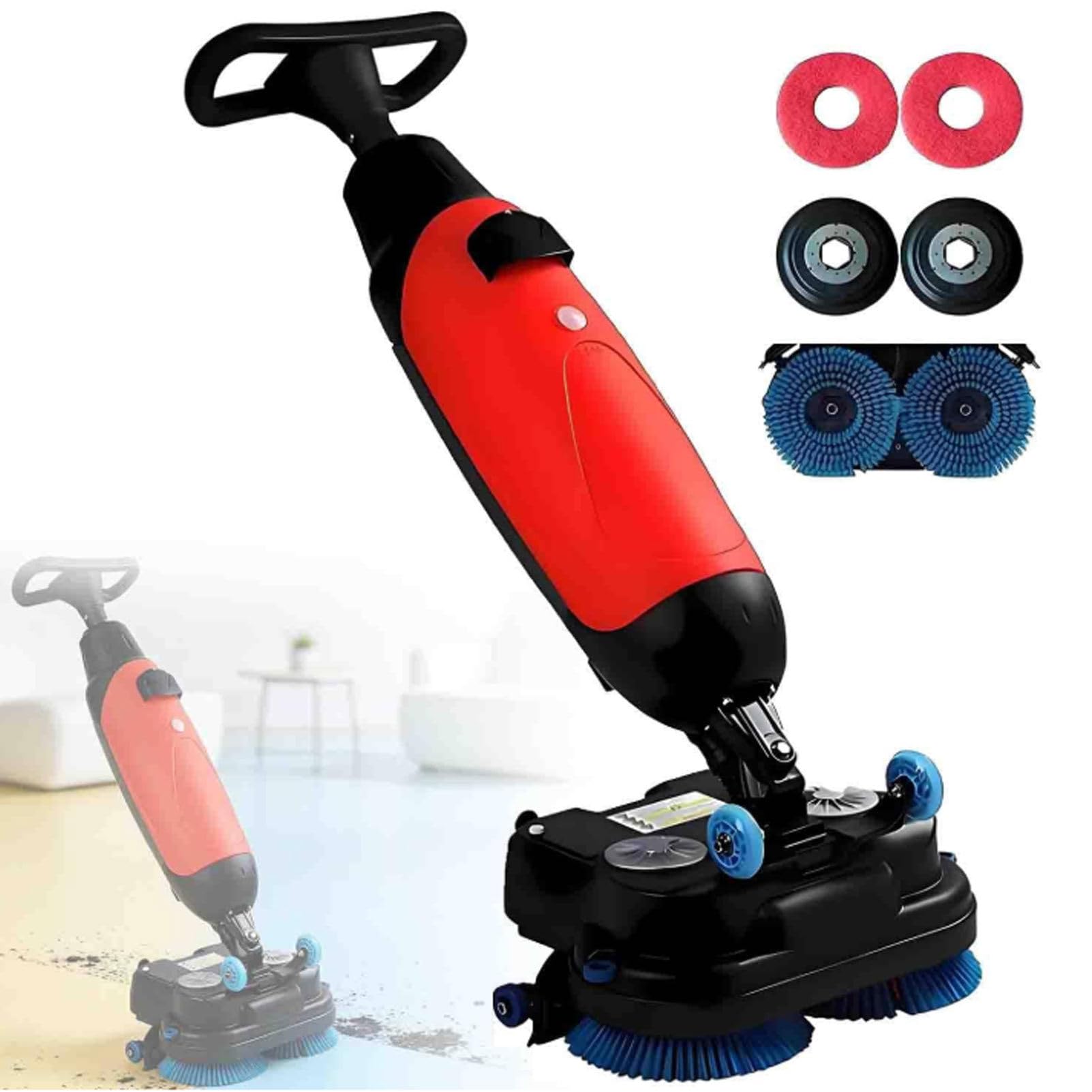 Oiyekntd Walk Behind Floor Scrubber Dryer, Portable Commercial Scrubber, Cordless, 2 Adjustable Brushes, for Tile and Sealed Floors, 2x250W Brush Power Red