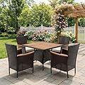 Green4ever Outdoor Patio Table and Chairs Sets with Removable Washable Cushions, Outdoor Patio Furniture Set with Acacia Wood Tabletop, 5-Pieces Outdoor Dining Set for Deck, Garden, Backyard, Brown