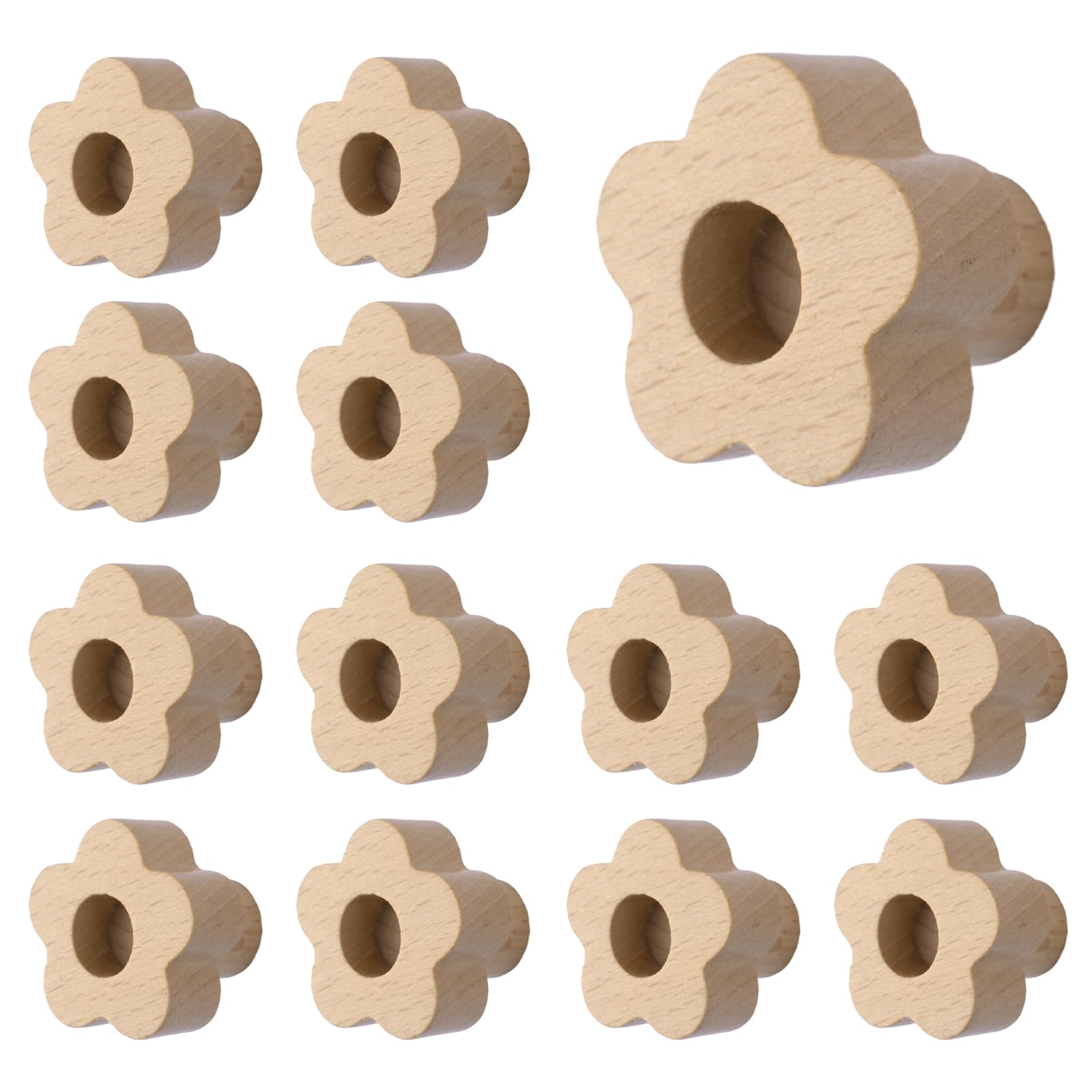 MOROBOR Flower Shaped Wooden Cabinet Knobs, 12 pcs Decorative Natural Wood Knob Single Hole Beech Wood Furniture Pull Handles for Drawer Wardrobe Cabinet Dresser with Screws& Expansion Tube — image 1