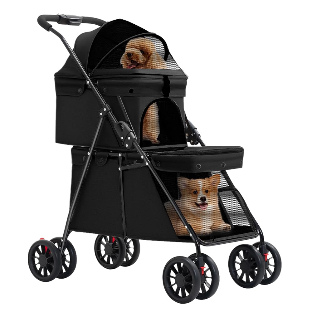 Double Couche Poussette pour Chien Chat Animaux, Animaux Voyage Poussette, Pliable Chien Chat À Quatre Roues Chariot/Landau Jogger/Poussette Buggy-67 * 50 * 95cm- Noir