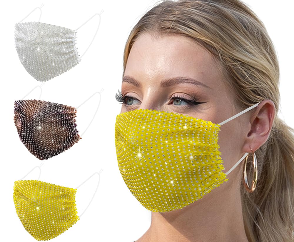 Auriviz 3 Pcs Multi Color Shiny Christmas Halloween Mesh Mask Flashing Face Cover Facial Covering Customized Birthday Party Decorations and Gifts for Young Girls Crystal Breathable Fashion Face Mask