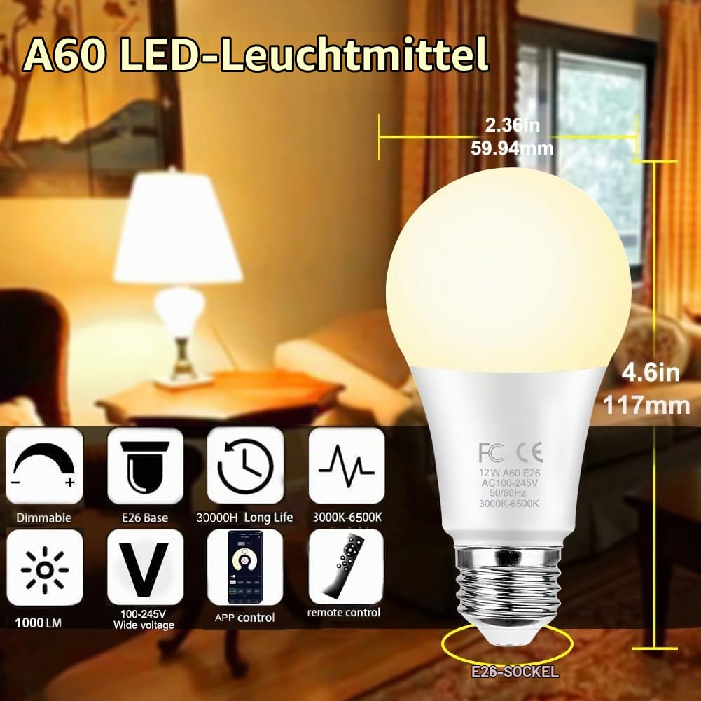 GRV E27 A60 12W Smarte Glühbirne mit einer 2.4GHz Fernbedienung, dimmbare 2700-6500K,100W Glühlampe äquivalent,1000LM Restaurant Licht,1 Fernbedienung und 3Glühbirne