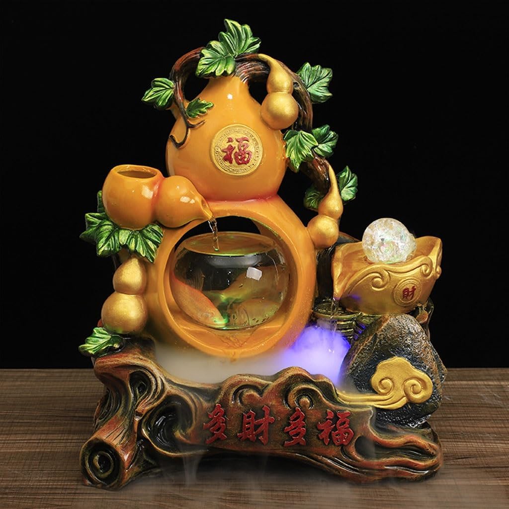 Tabletop Waterfall Fountain Large Gourd Glass Fish Tank Desktop Fountain Humidifier Resin Crafts Flowing Water Rockery Fountain Water Fountains Indoor (A)