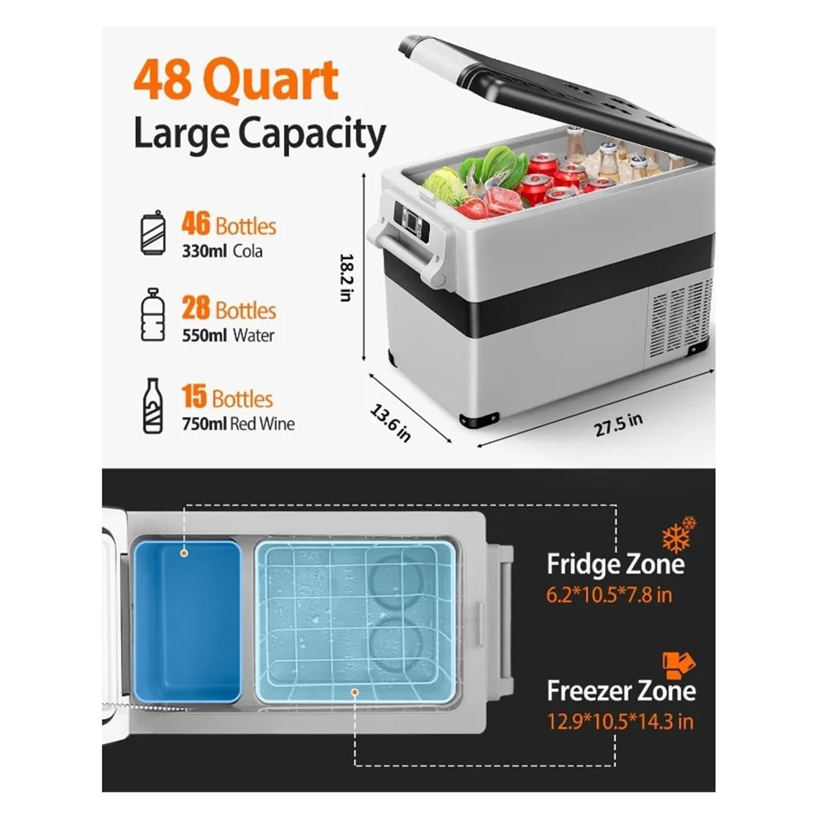 Refrigerador portátil for Auto de 12 V - Refrigerador eléctrico de 48 Cuartos for camioneta, Furgoneta, Autocaravana, SUV, refrigerador for Auto, congelador, Camping
