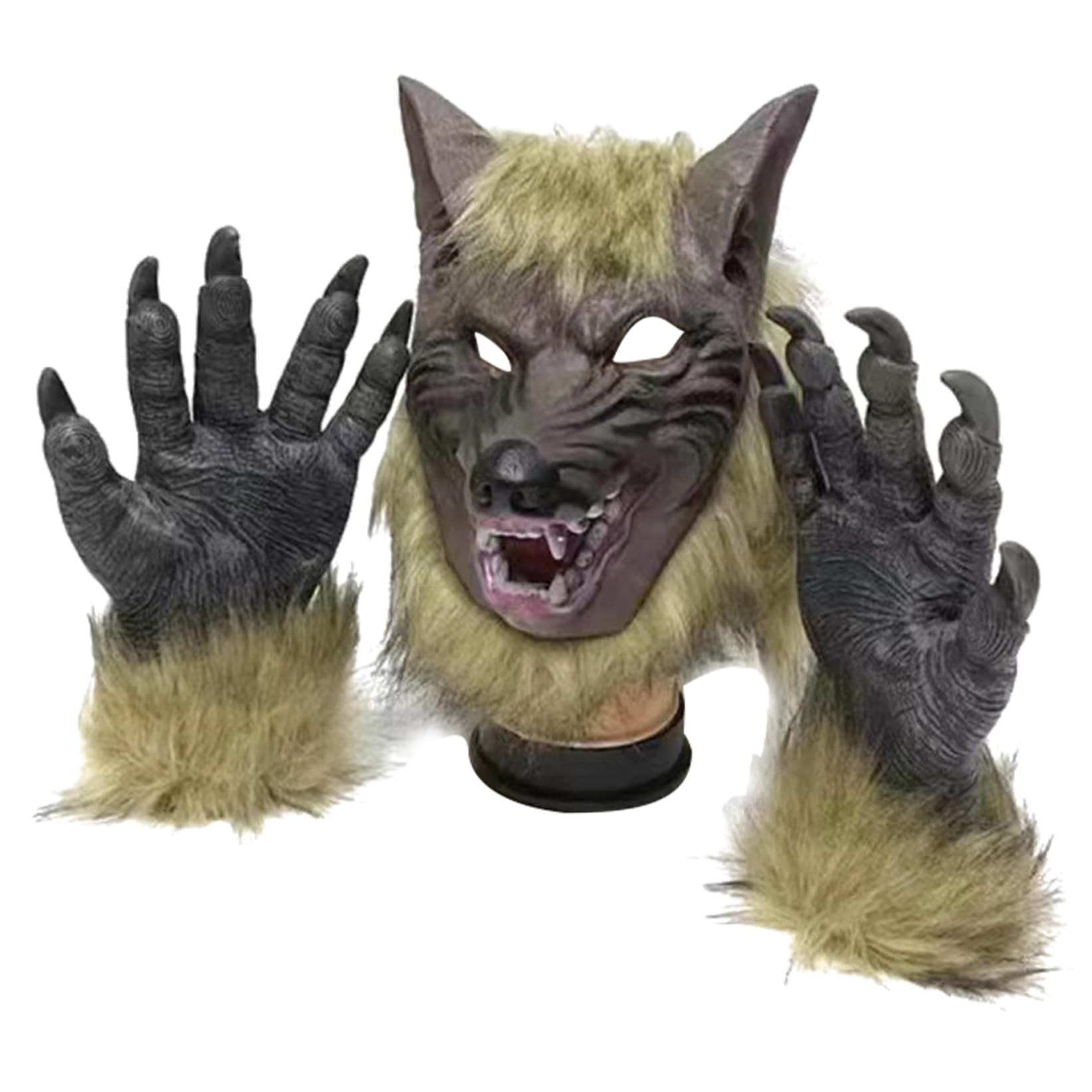 Lawnrden Wolf Mask, Werewolf Costume Set, & Paw Gloves, Gray, One Size