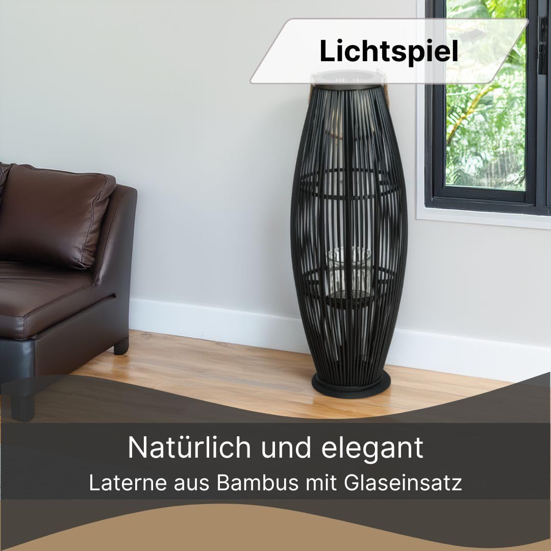 Bambus Laterne Zya | mit Henkel und Glaseinsatz, 80 cm, schwarz | Holz Kerzenhalter, Windlicht, Deko Laterne für Balkon Garten Terrasse Wohnung