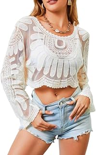 SANNIDHI® Bohemian Cropped Lace Cover-Up Top for Women, Sheer Mesh Crochet Bell Sleeve Beach Cover Up Blouse, Lightweight ... Price In India