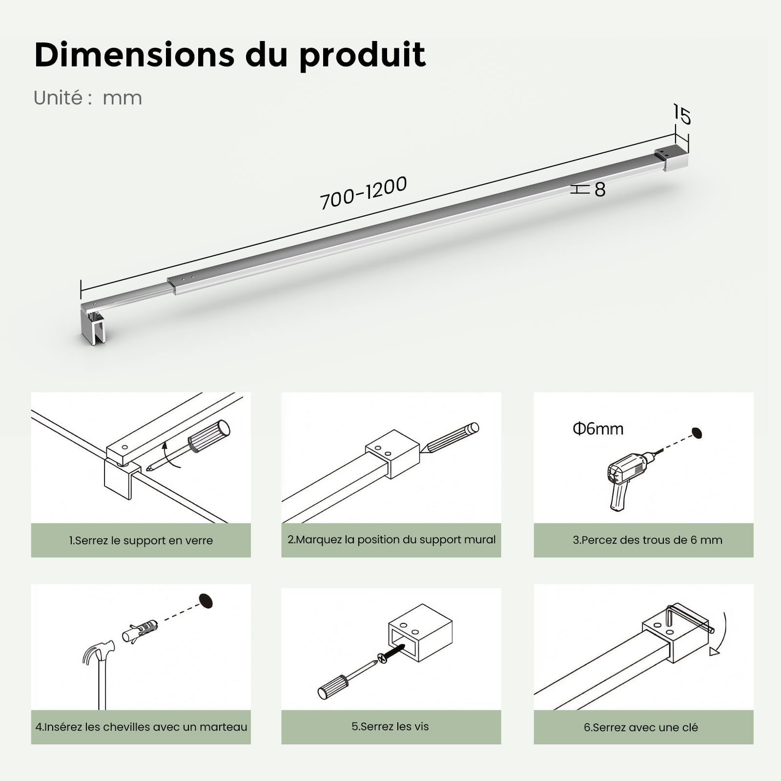 S'AFIELINA Barre de stabilisation, Barre de support pour parois de douche, Angulaire, Flexible, Réglable 700-1200 mm, Stabilisateur pour verre d'épaisseur 8-10 mm (2 pièce)