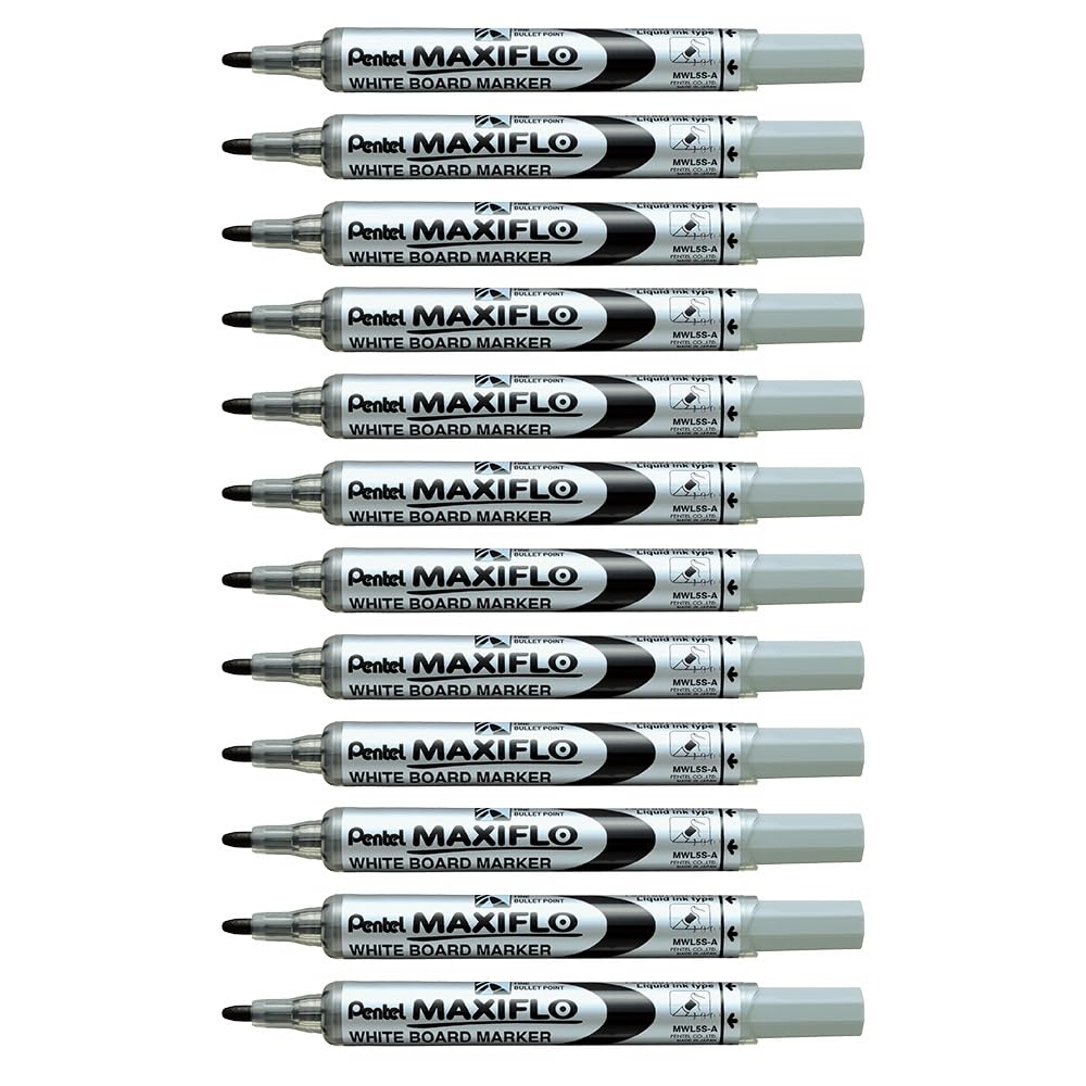 Pentel Maxiflo Whiteboard Markers Medium Nib Liquid Ink - Black, Pack of 12