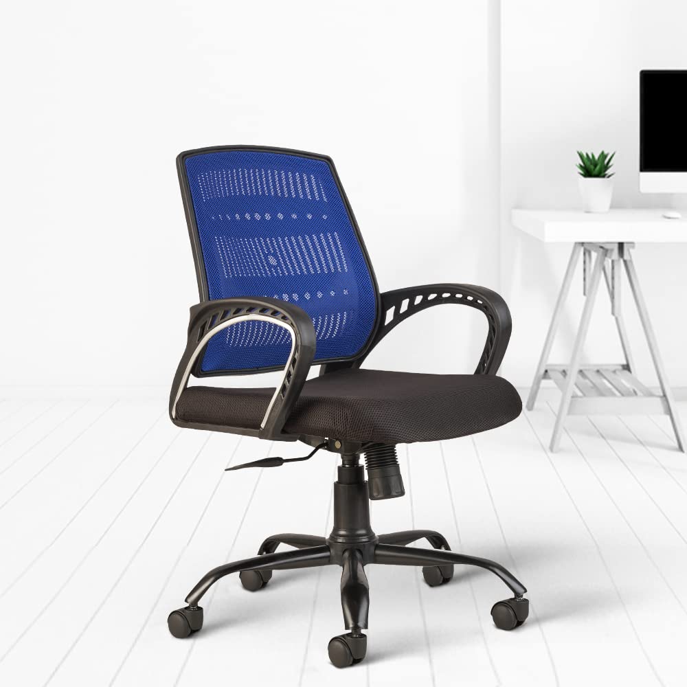 CELLBELL C106 Medium Back Mesh Office Chair/Study/Revolving/Computer Chair for Work from Home Metal Base Height Adjustable Reclining Chair [Blue]