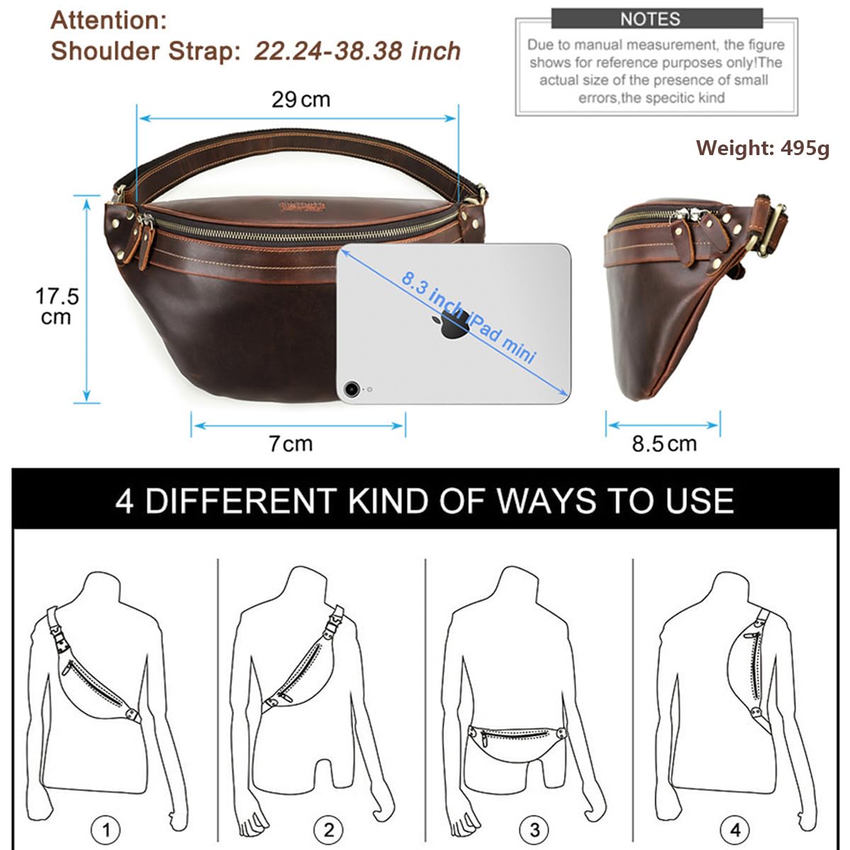 Skórzana saszetka biodrowa dla mężczyzn, wielofunkcyjna torba na ramię Crossbody, casualowa podróżna plecak Sling Bag z wieloma kieszeniami, do uprawiania sportu, jazdy na rowerze, kawowy