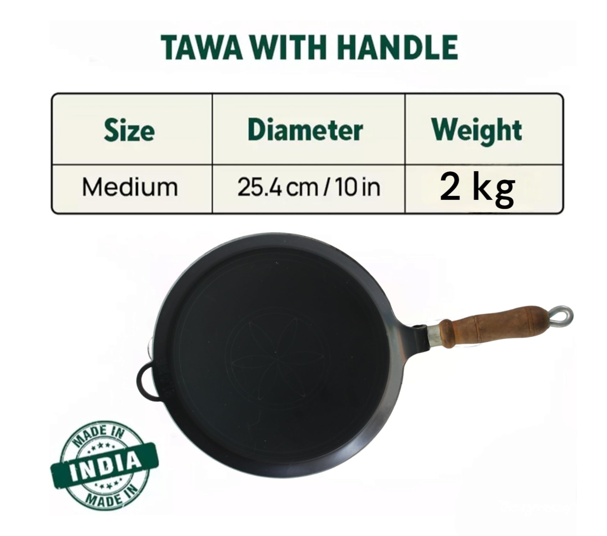MYNAKSHA Iron Tawa for Dosa,Roti Chapati, Flat Surface Iron Tava with Wooden Handle, 10 Inch, 1.6Kg, Black Hand made