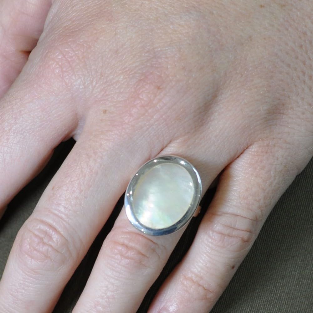 LES POULETTES BIJOUX - Anello Argento 925 Ovale Specchio di Madreperla
